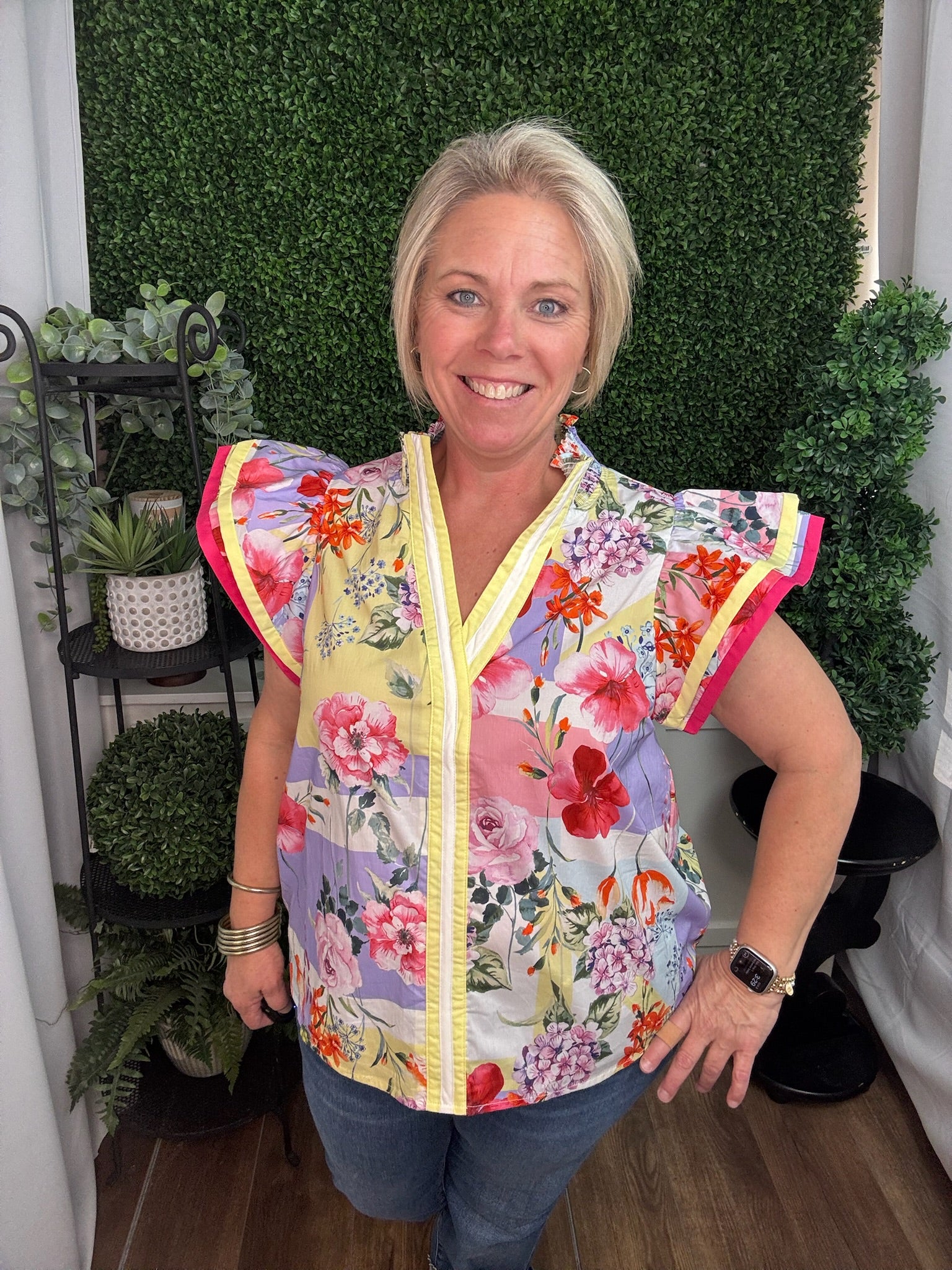 Pastel Floral Flutter Sleeve V-Neck Blouse