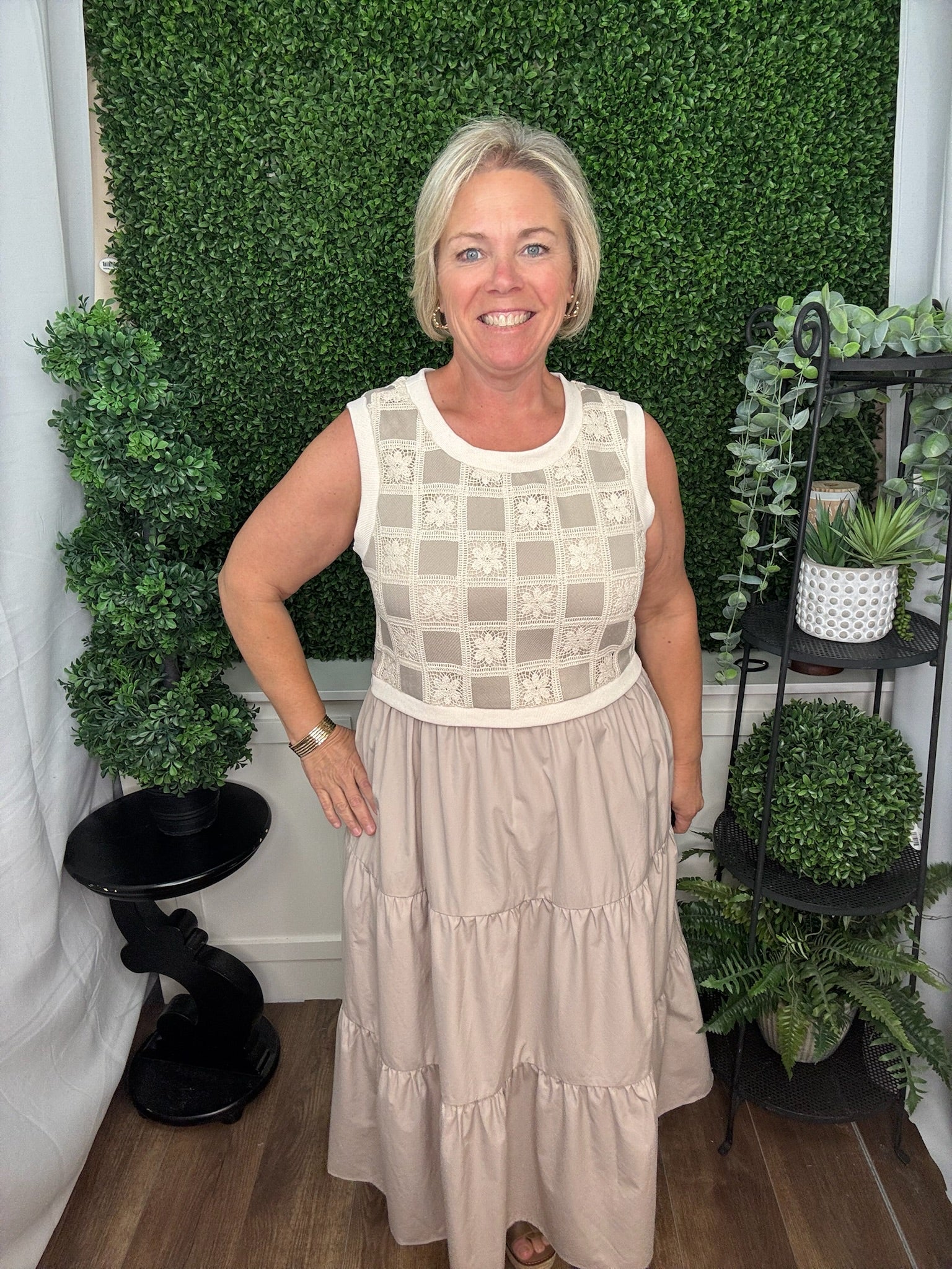 Mixed Fabric Midi Tiered Midi Dress - Taupe