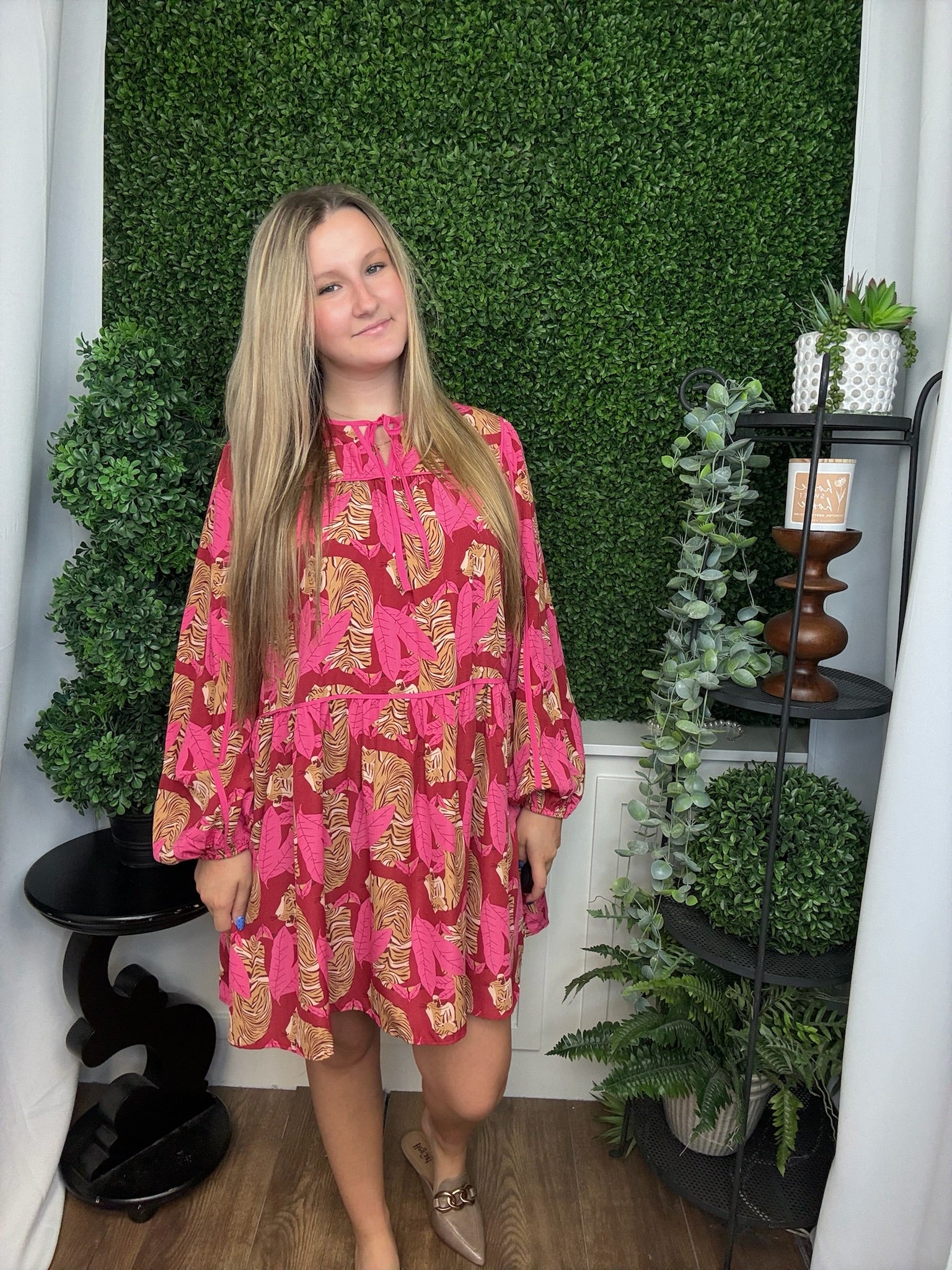 ANIMAL PRINTED WOOL TIERED DRESS - RASPBERRY