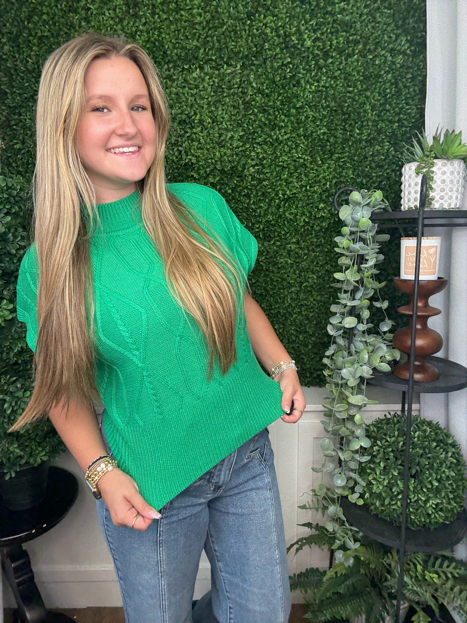 DIAMOND/CABLE KNIT CAP SLV SWEATER - KELLY GREEN