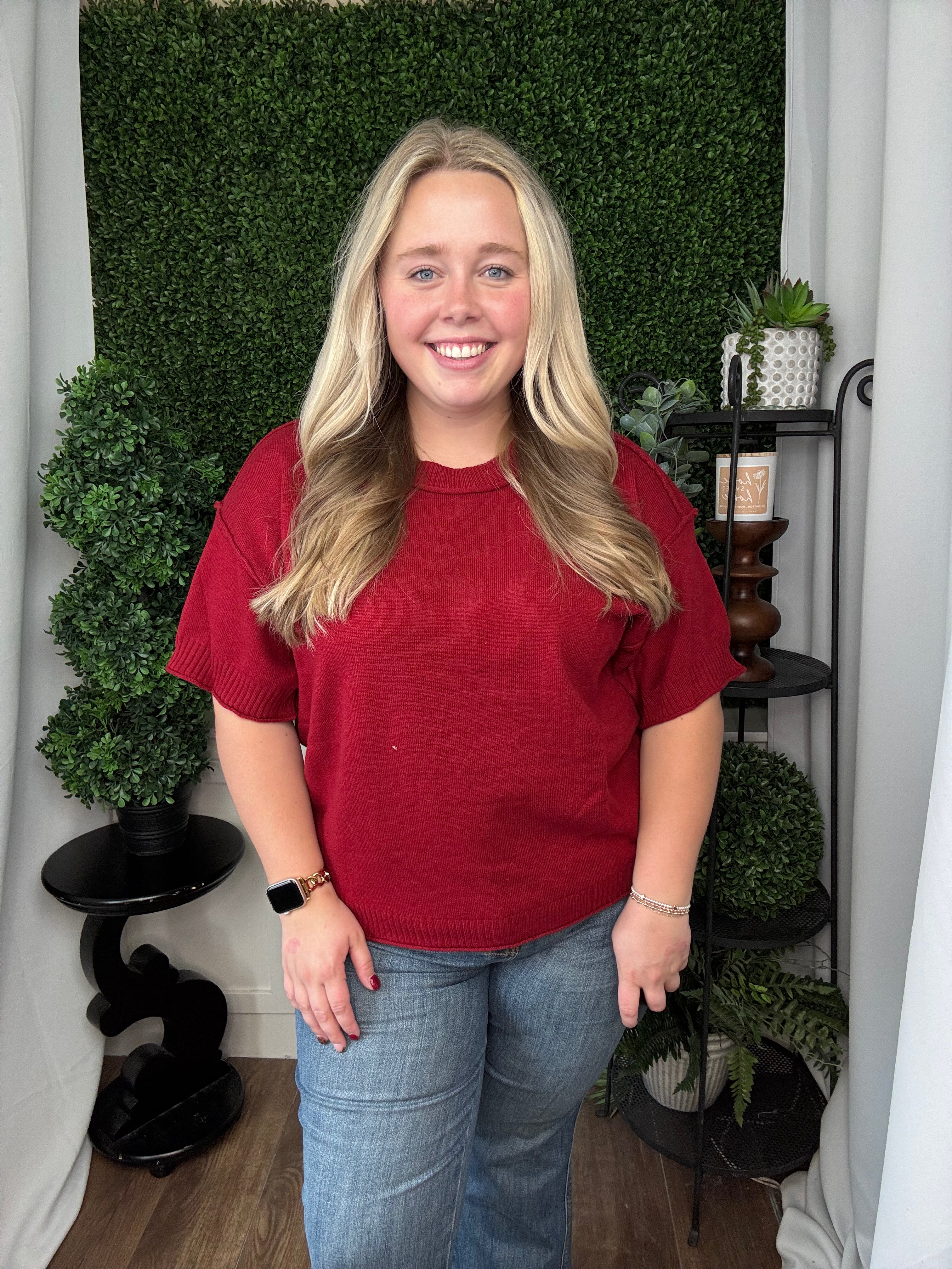 RAW EDGE ACCENT COMFY SWEATER TOP - BURGUNDY