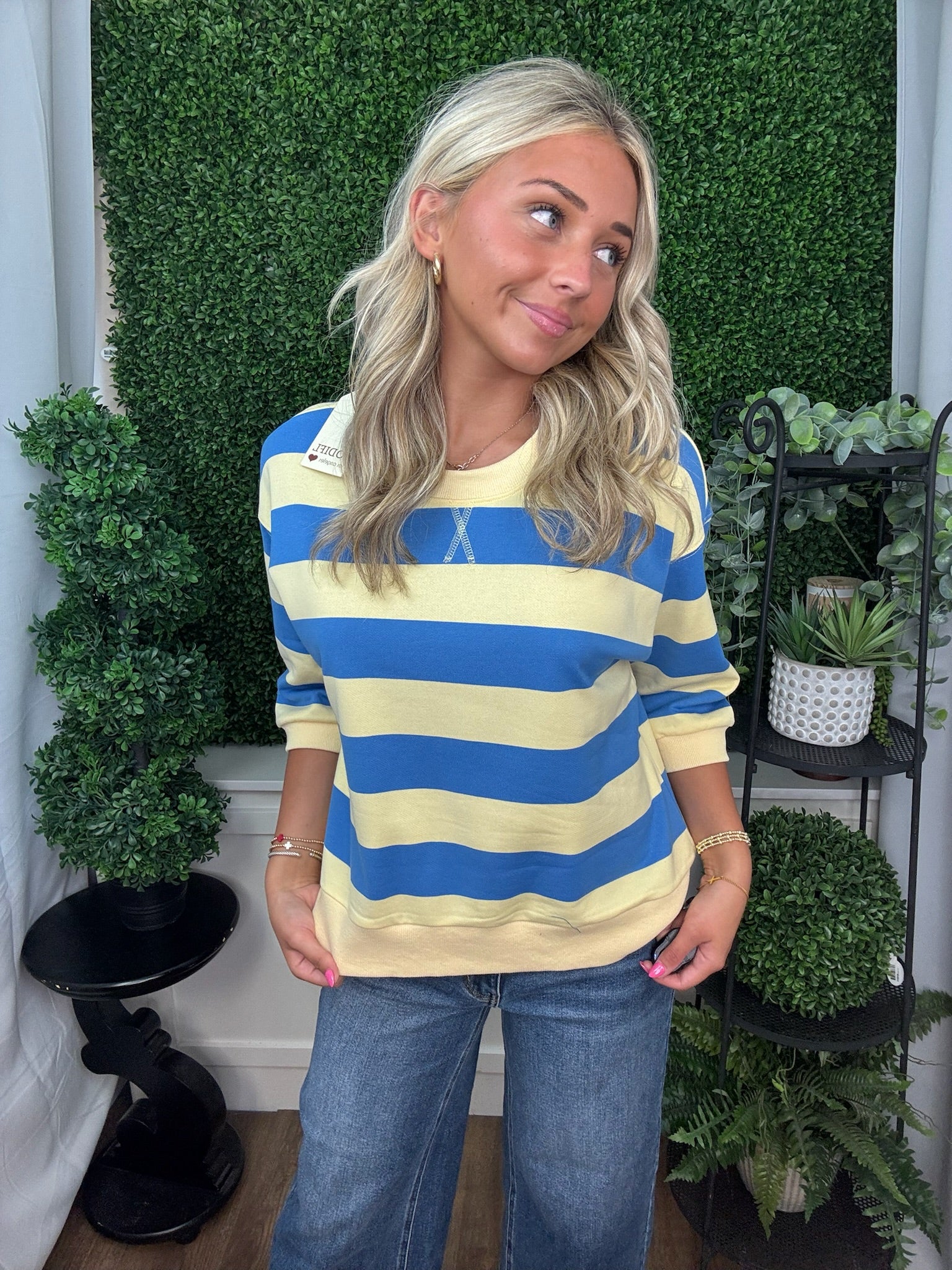 Blue and Yellow Striped Cropped Sweatshirt