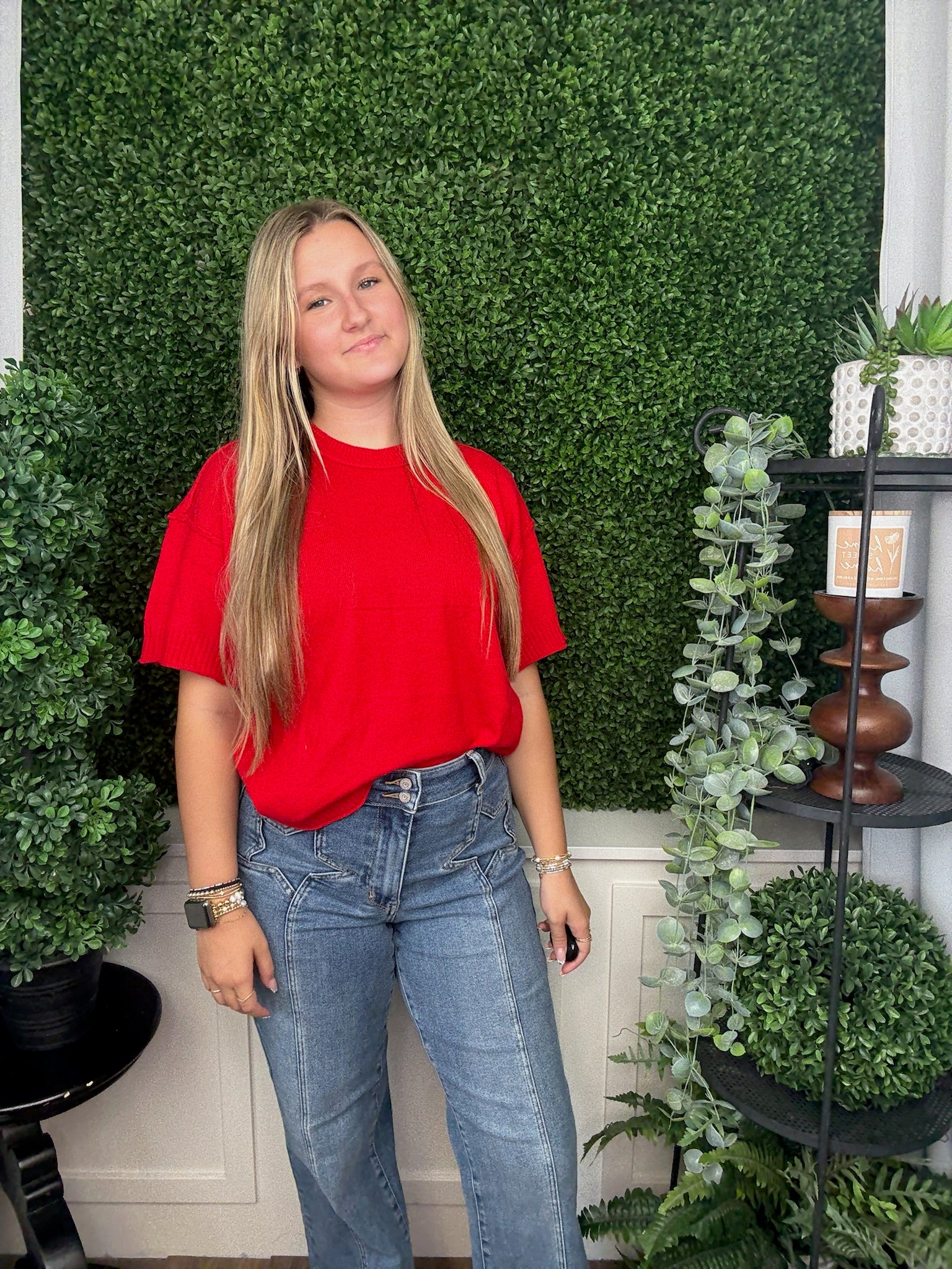 RAW EDGE ACCENT COMFY SWEATER TOP - RED