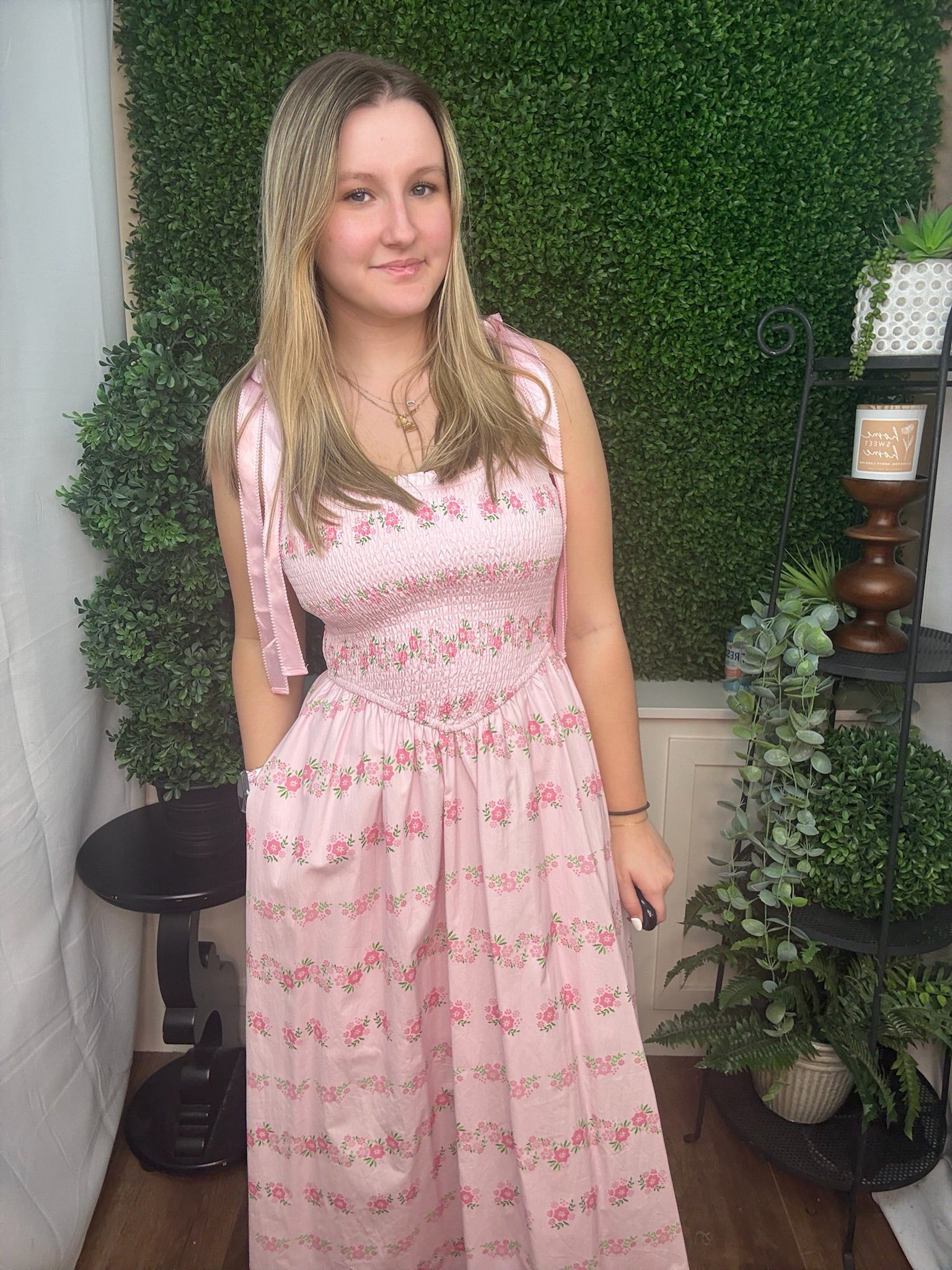 Blush Floral Smocked Midi Dress