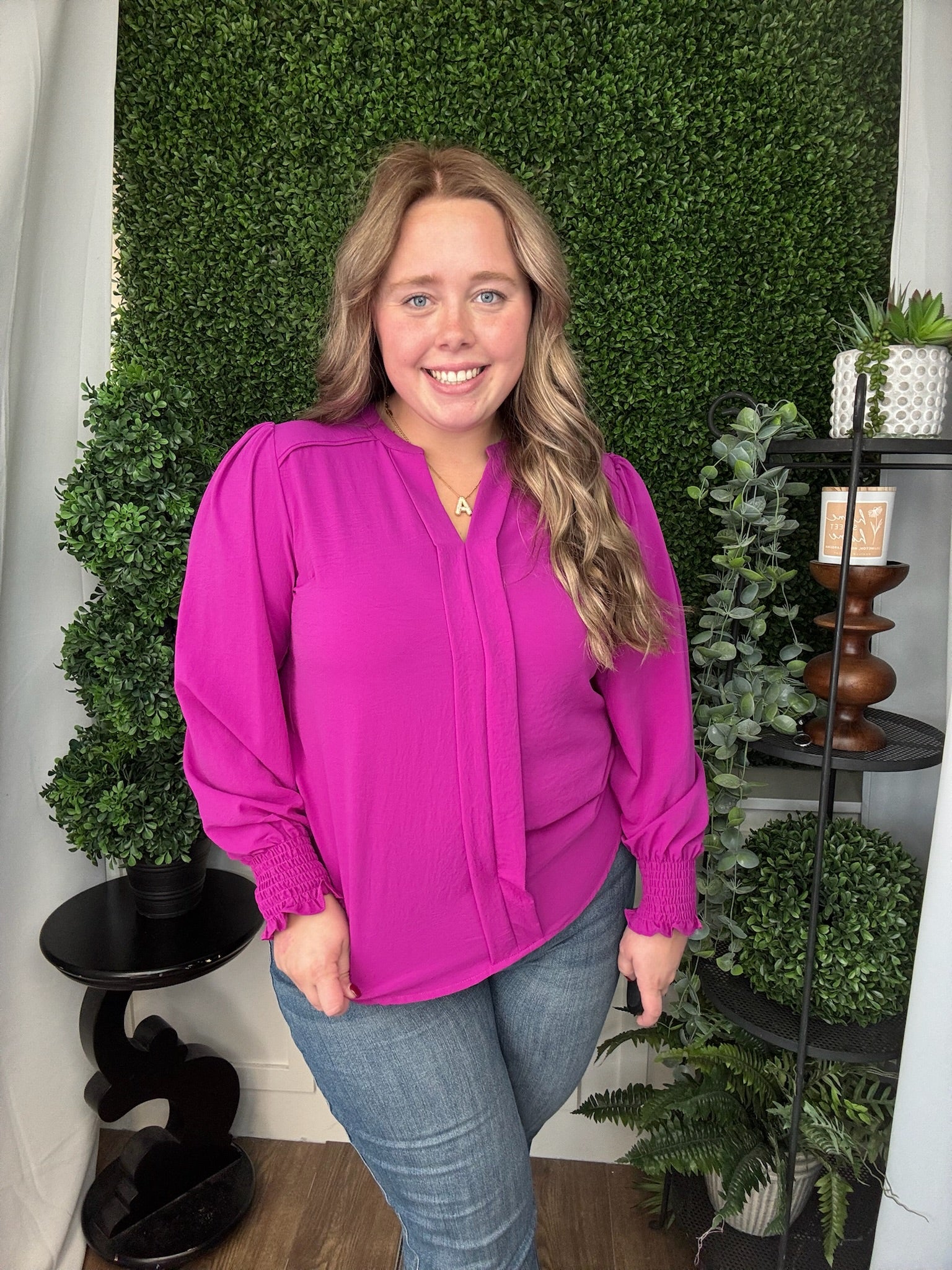 LONG SMOCKED SLEEVE FRONT PLEATS TOP