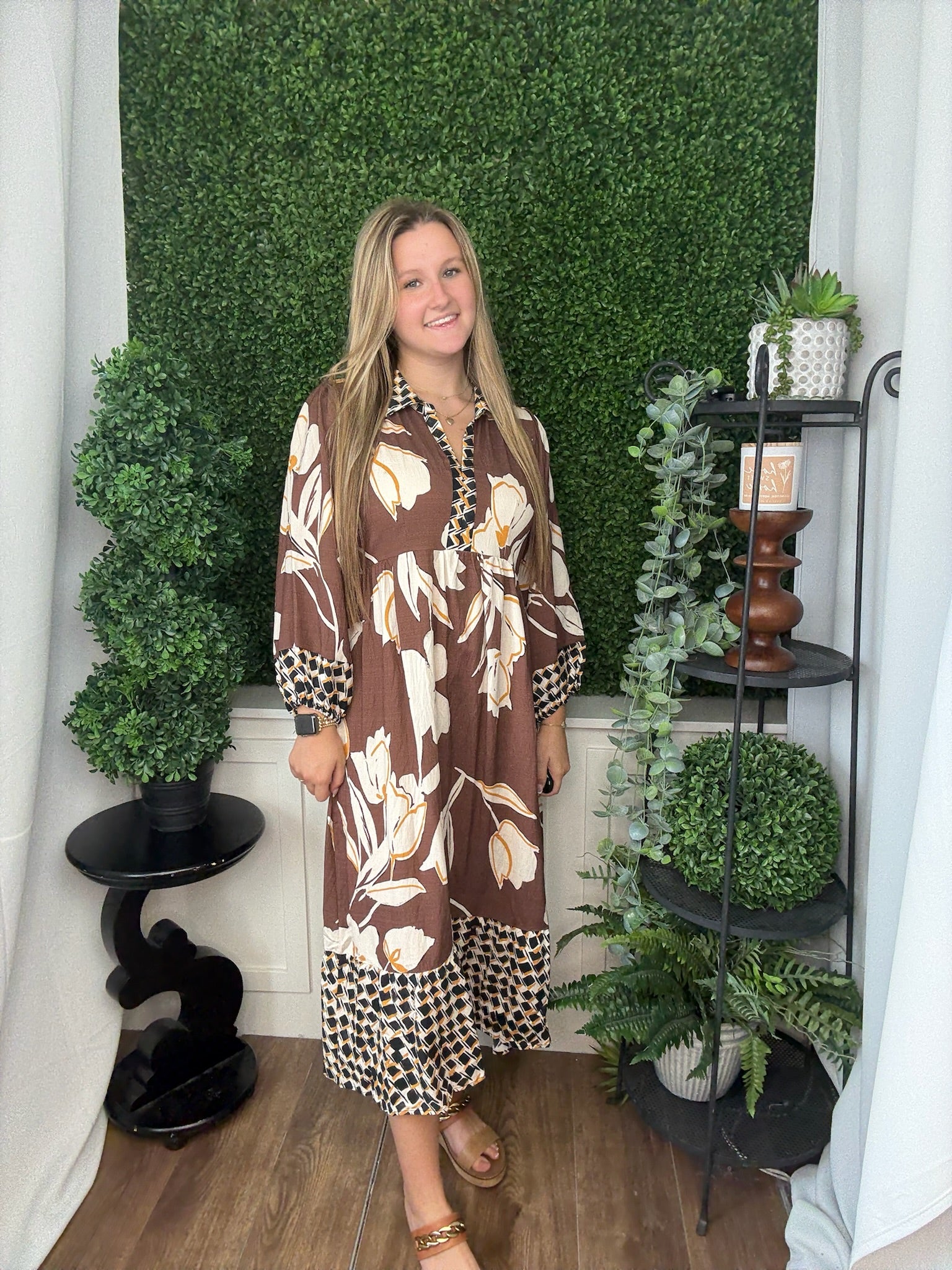 FLOWER BORDER PRINT COLLARED MIDI DRESS - BROWN MIX