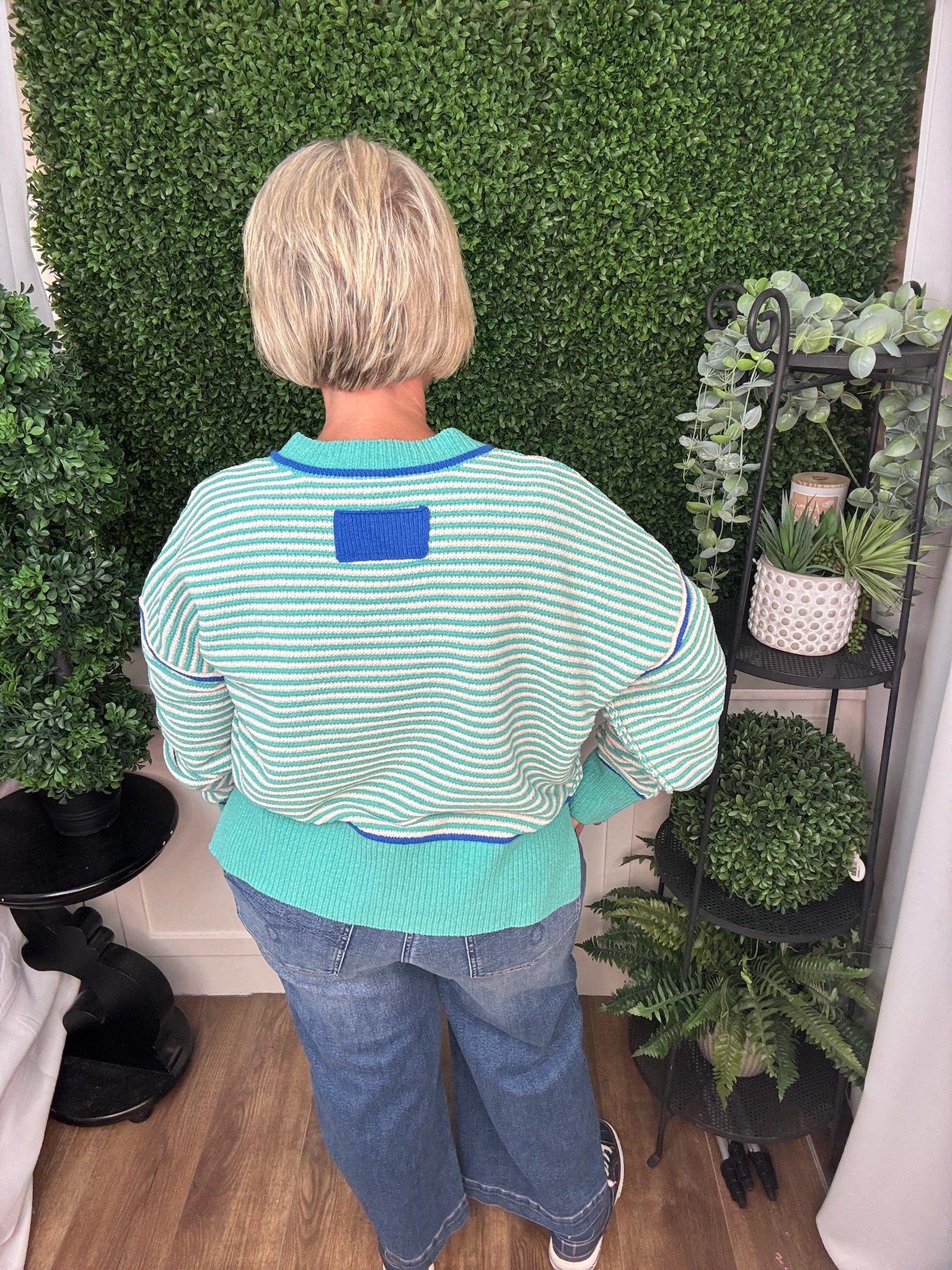 STRIPED CONTRAST TRIM CREW NECK SWEATER - SEA FOAM