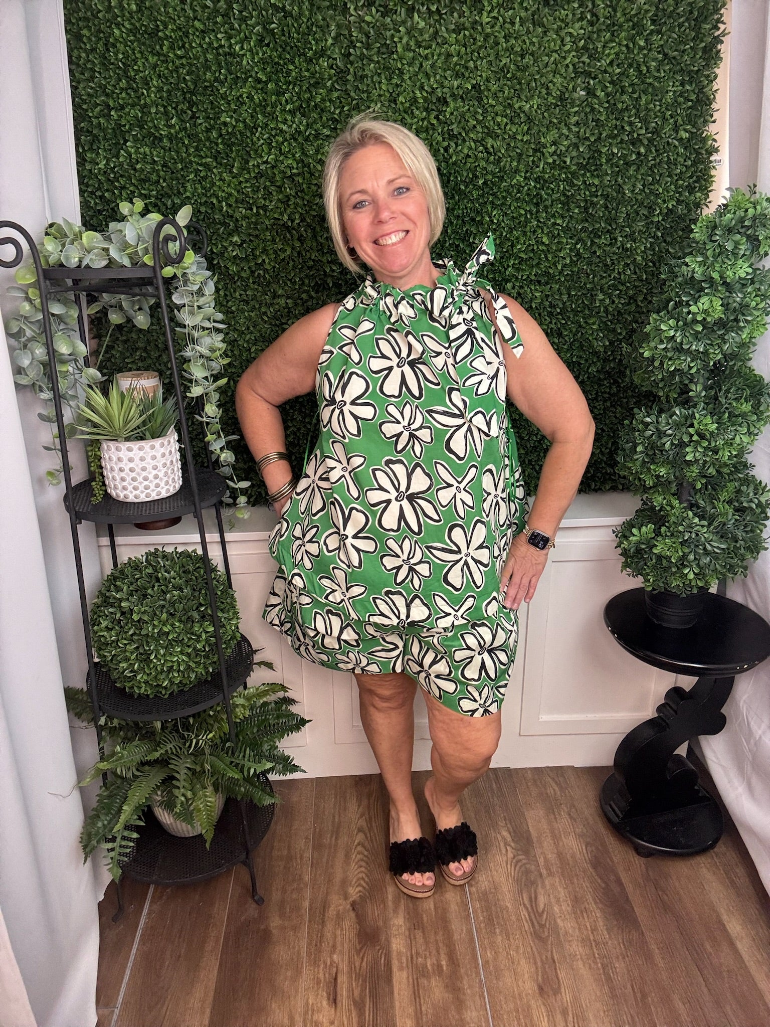 Emerald Bloom Tie-Neck Blouse
