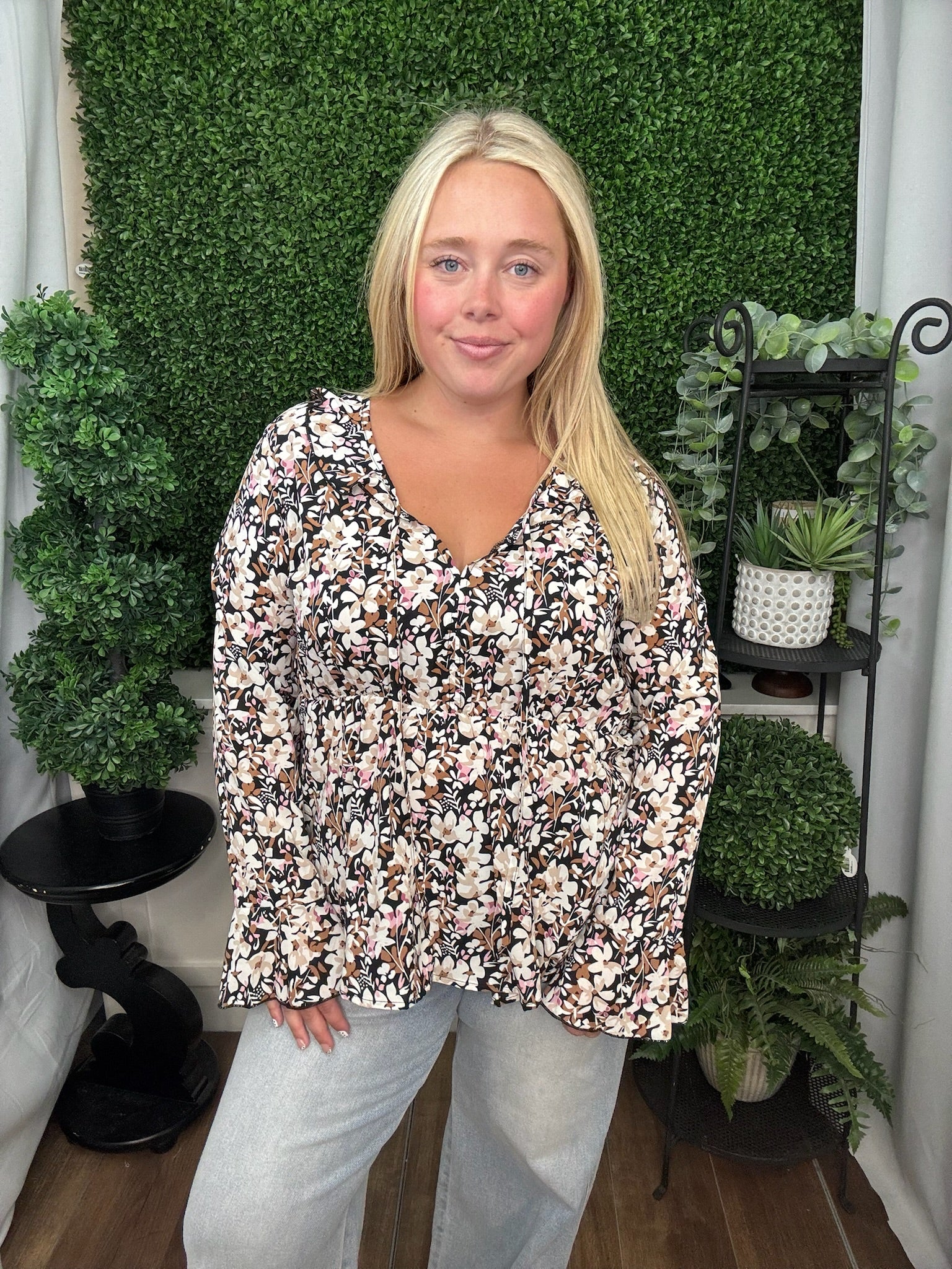Peplum Blouse with Ruffle Detail - Black Floral