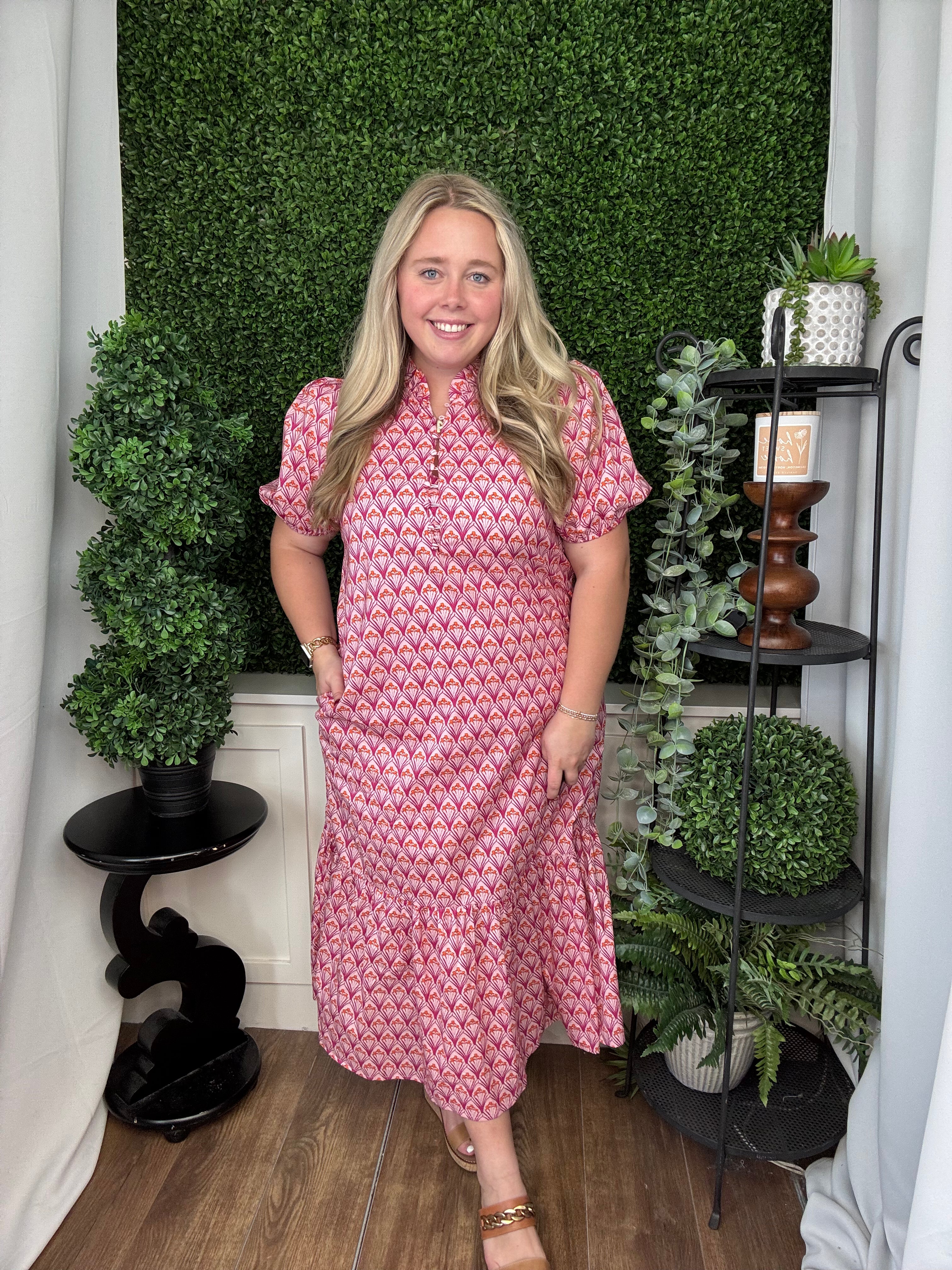 FLORAL PRINT PLEATED PUFF SLEEVE MIDI DRESS