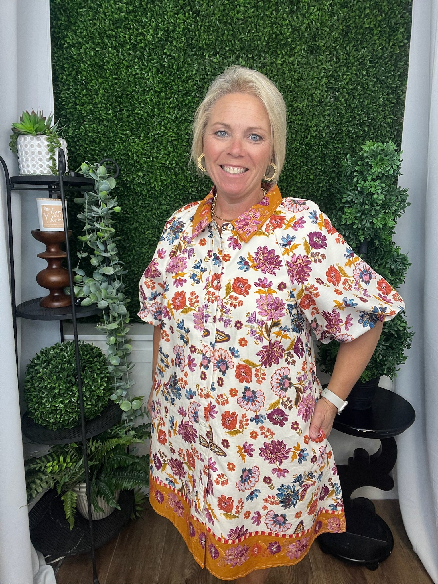 COLLARED BUTTON DOWN FLORAL MINI DRESS - IVORY MULTI