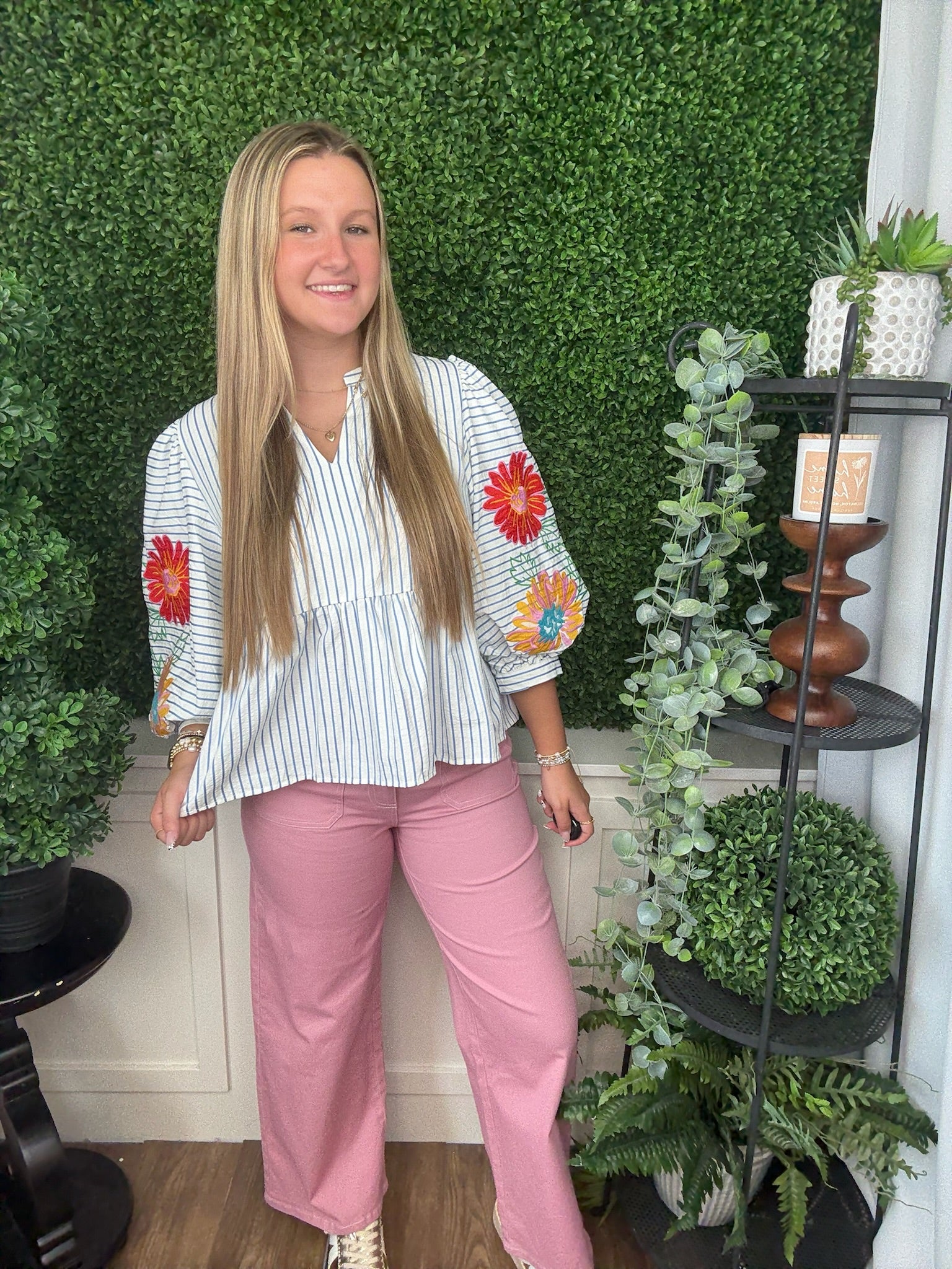 EMBROIDERED STRIPE BABYDOLL TOP