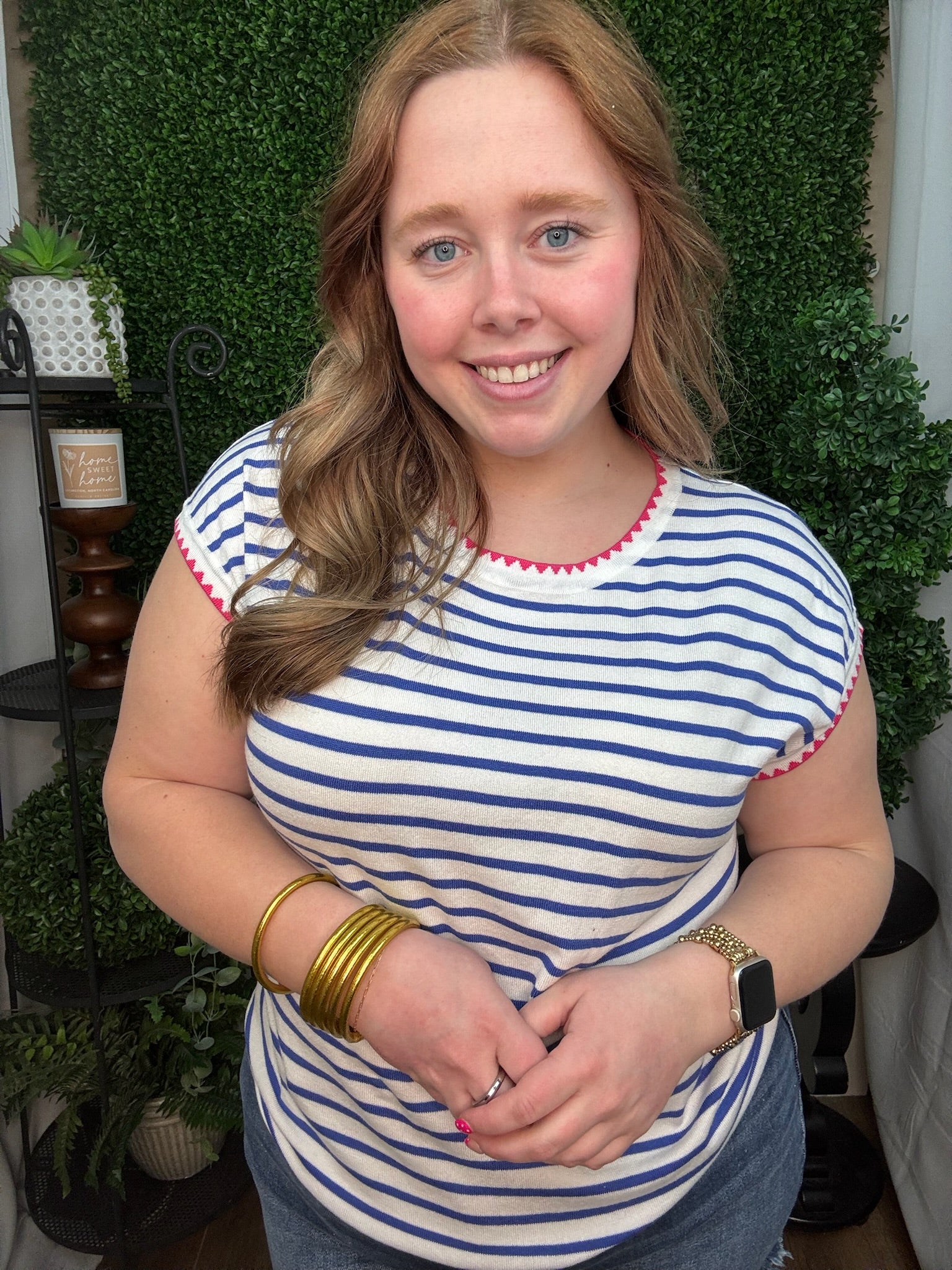 Classic Blue Stripe Knit Top with Pink Detail