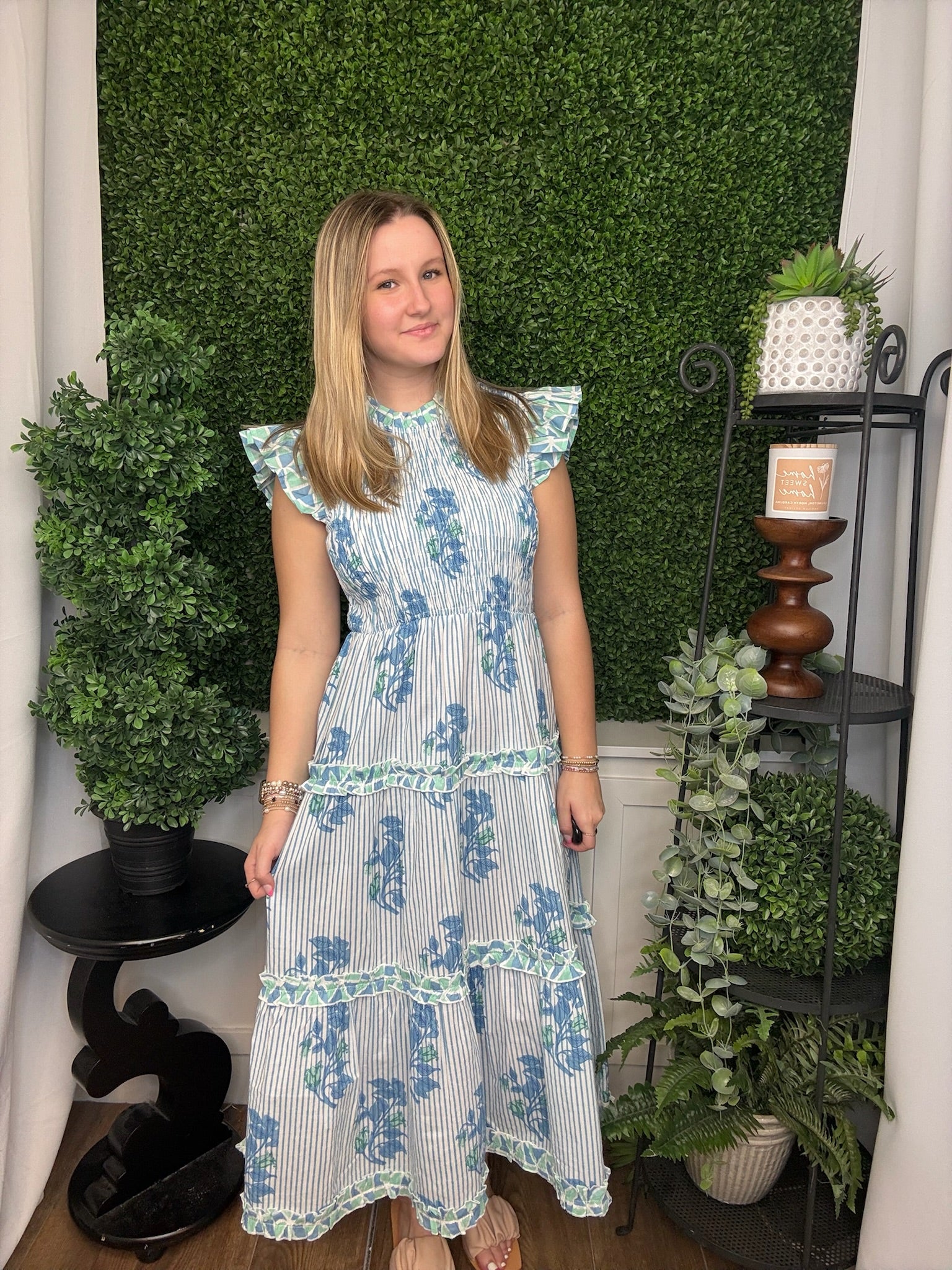 PERIN SMOCKED MIDI DRESS - BLUE