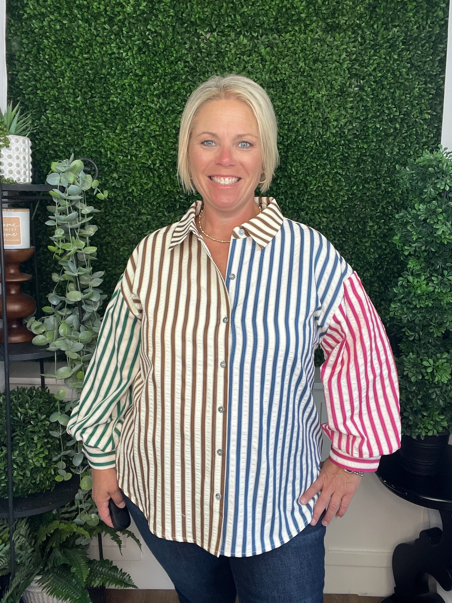 COLORBLOCK STRIPE PATTERN 3/4 SLEEVE BUTTON DOWN TOP - BROWN COMBO