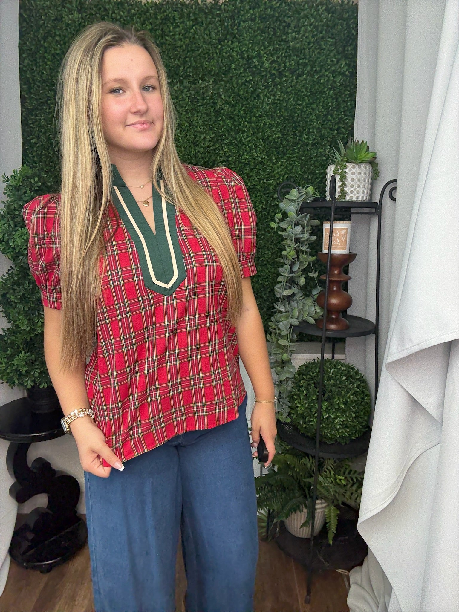 PLAID SHORT SLEEVE BLOUSE