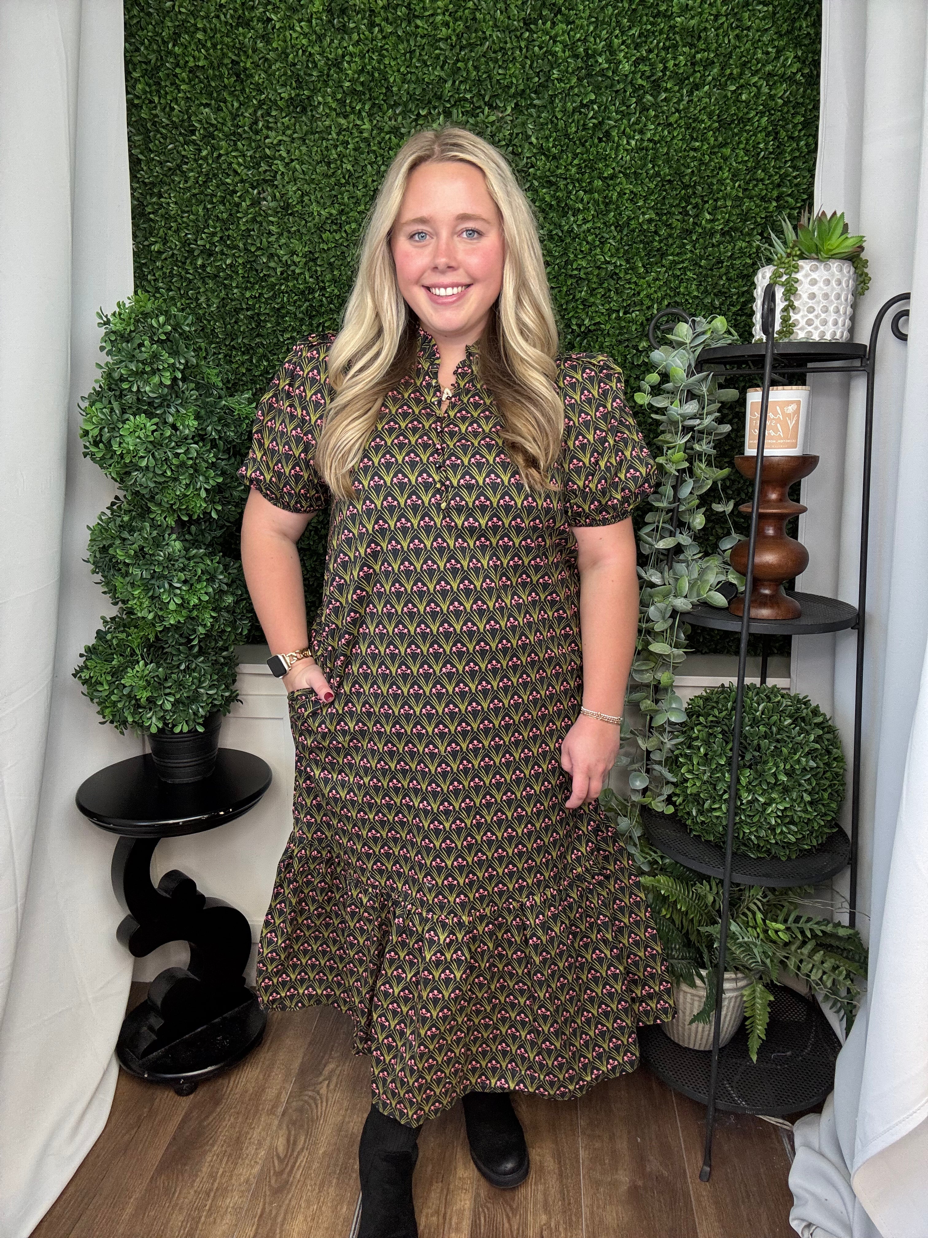 FLORAL PRINT PLEATED PUFF SLEEVE MIDI DRESS