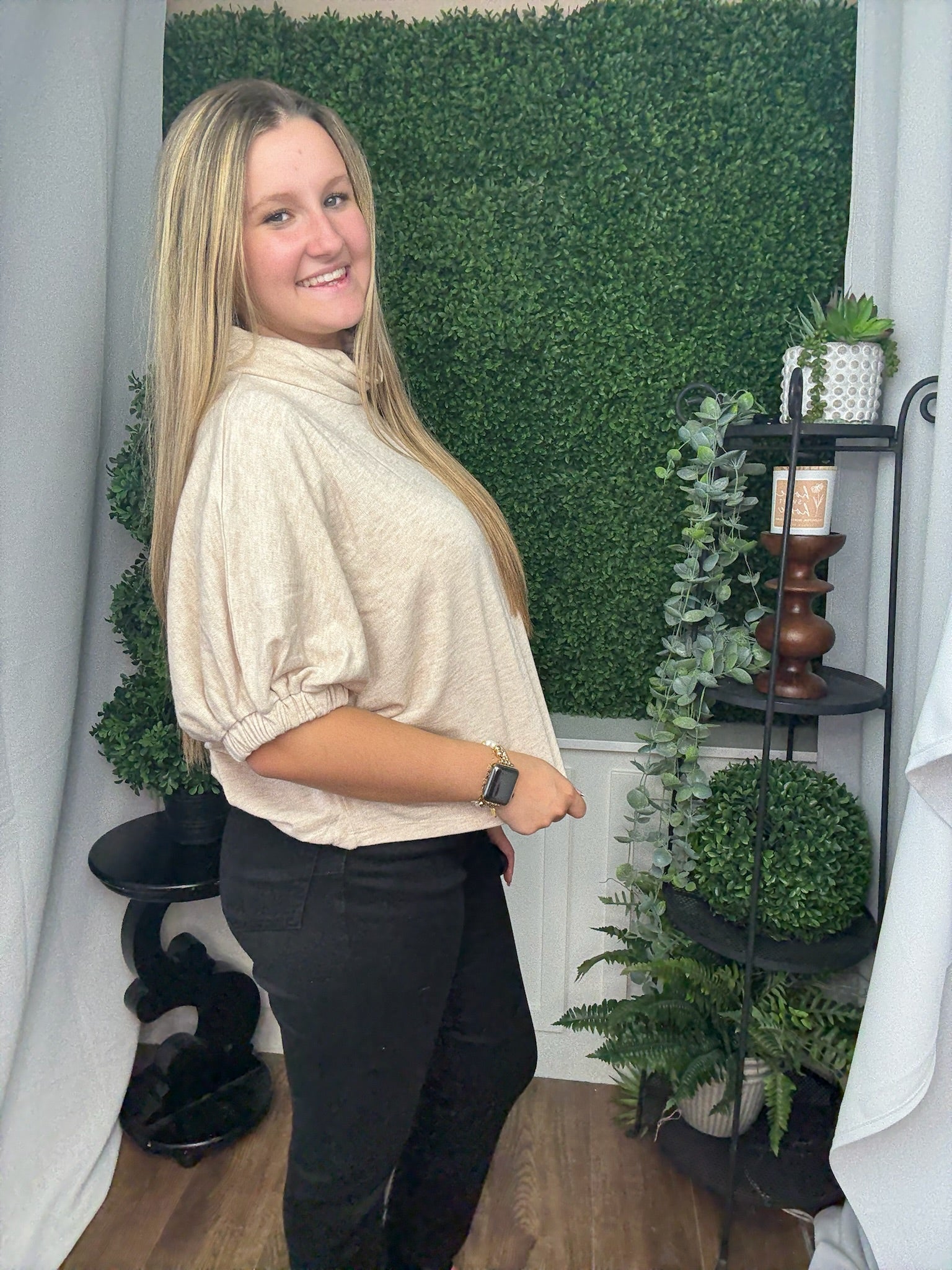 SOLID DOLMAN SLEEVE TOP W/TURTLENECK - OATMEAL