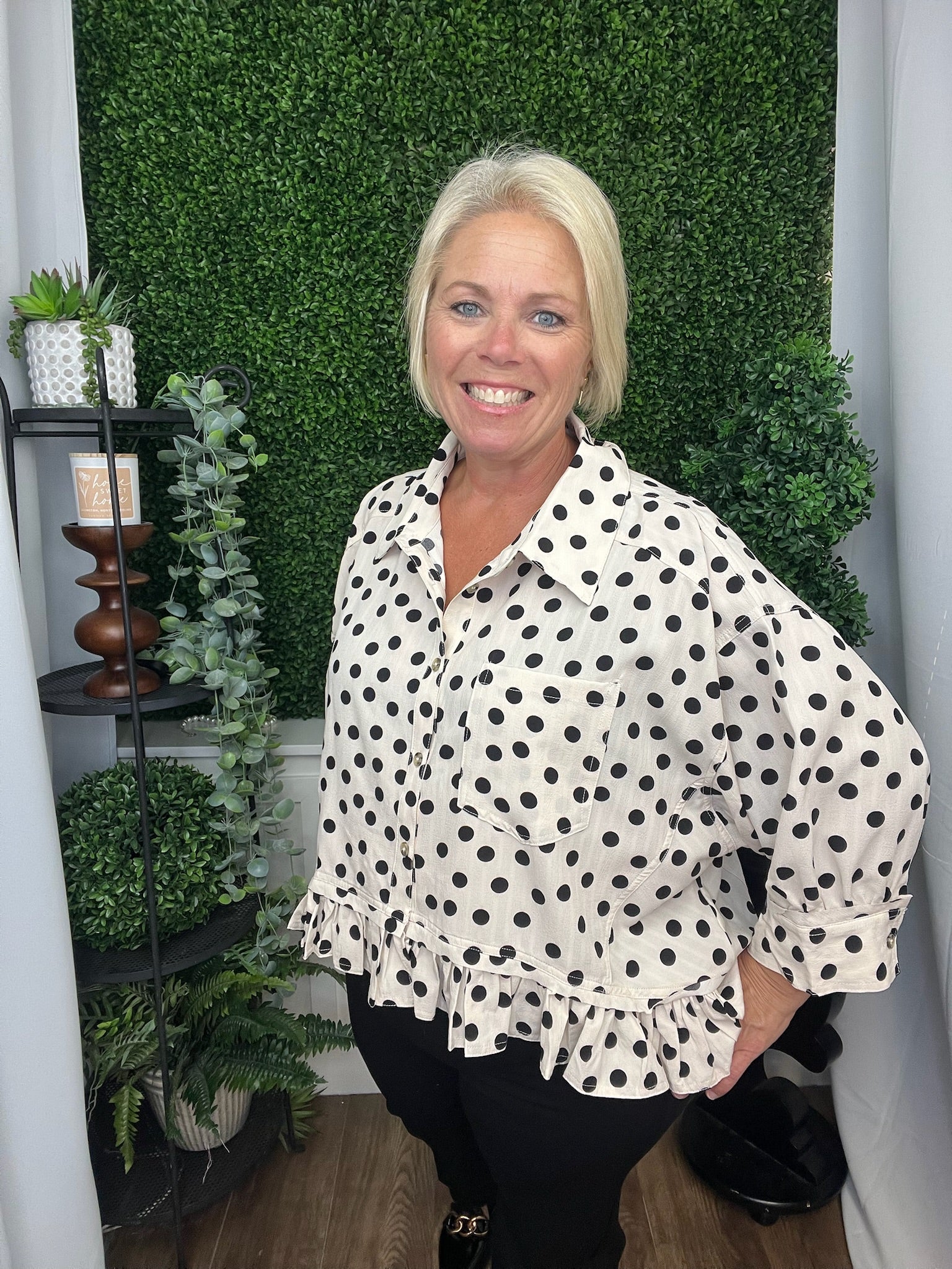 POLKA DOT PRINTED PEPLUM TOP - OFF WHITE/BLACK