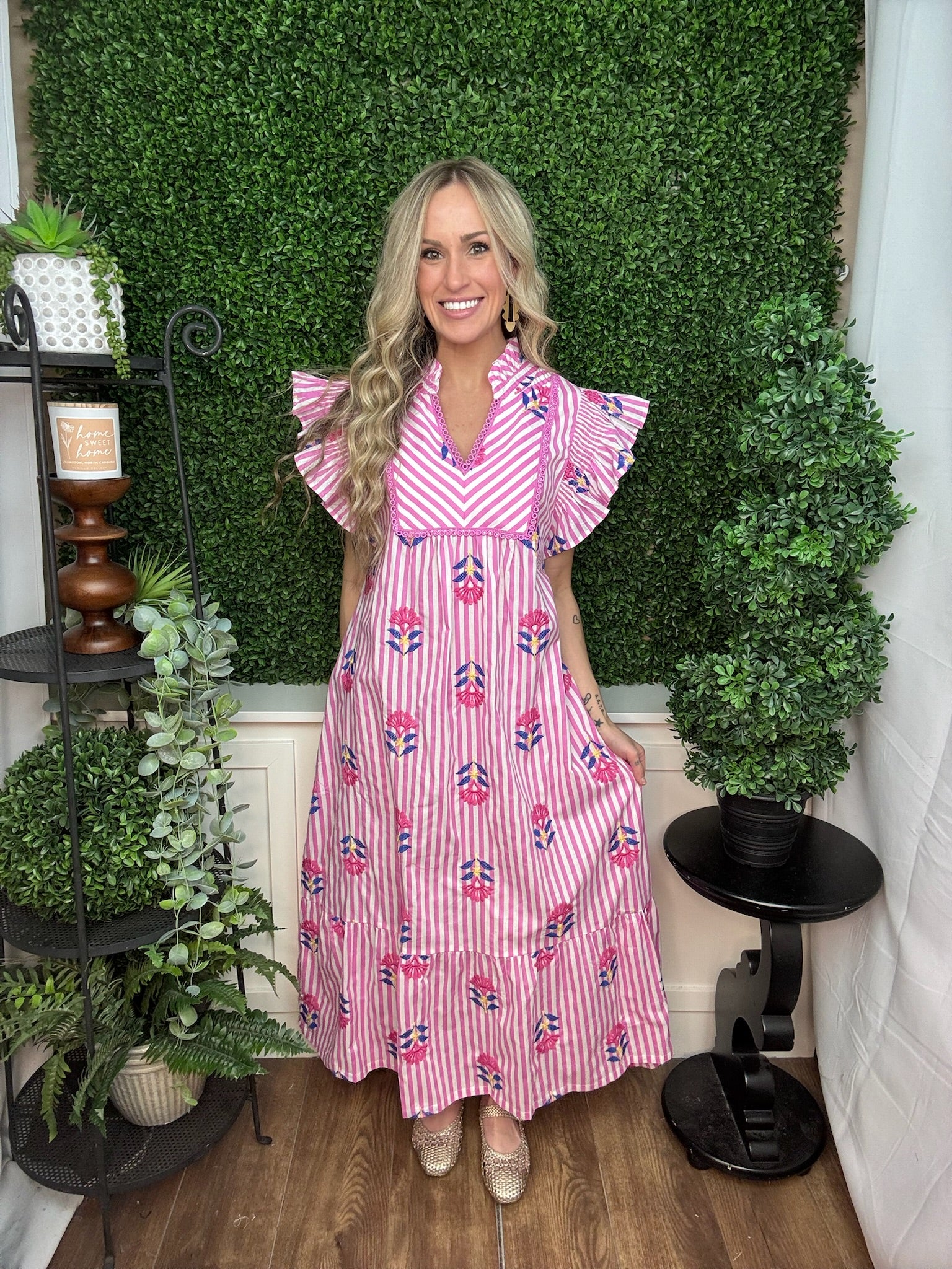 Pink Stripe Embroidered Flutter Sleeve Dress