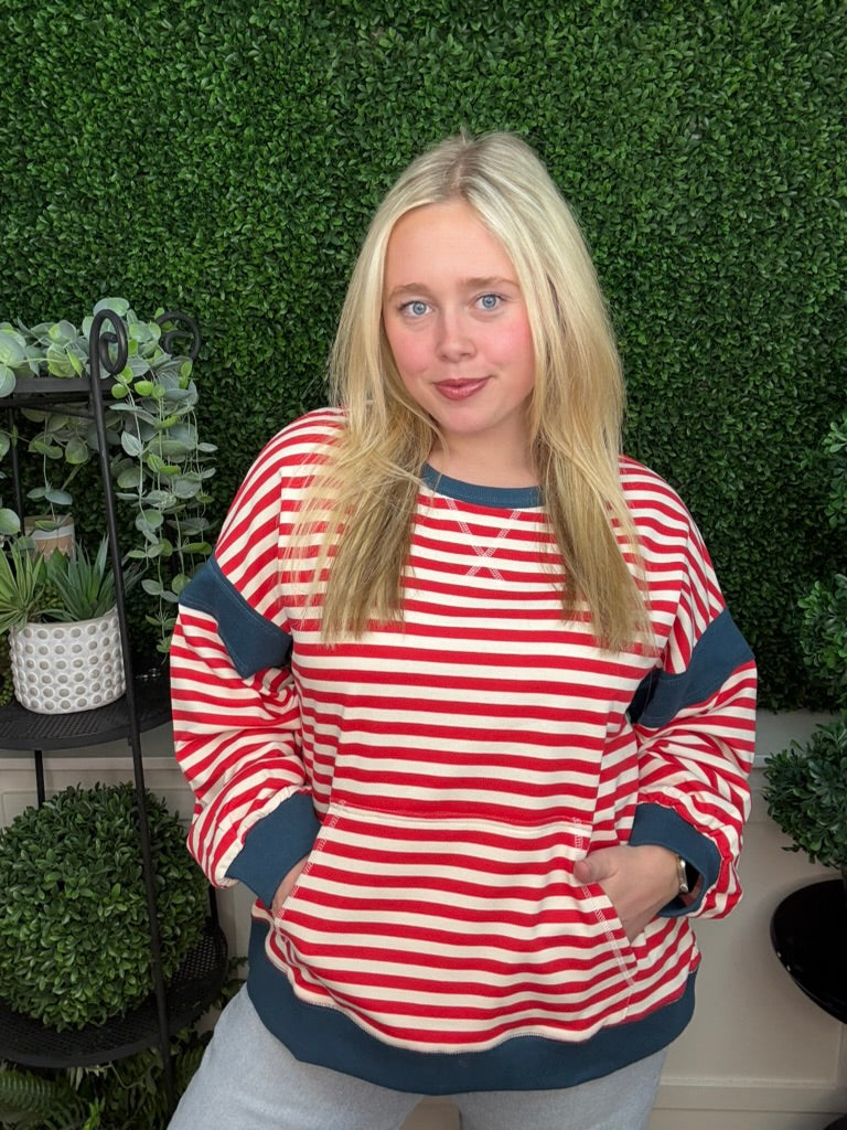 STRIPED COLOR BLOCK POCKET SWEATSHIRT - RED CREAM/ PINK LAVENDER/ ROYAL BLUE OAT
