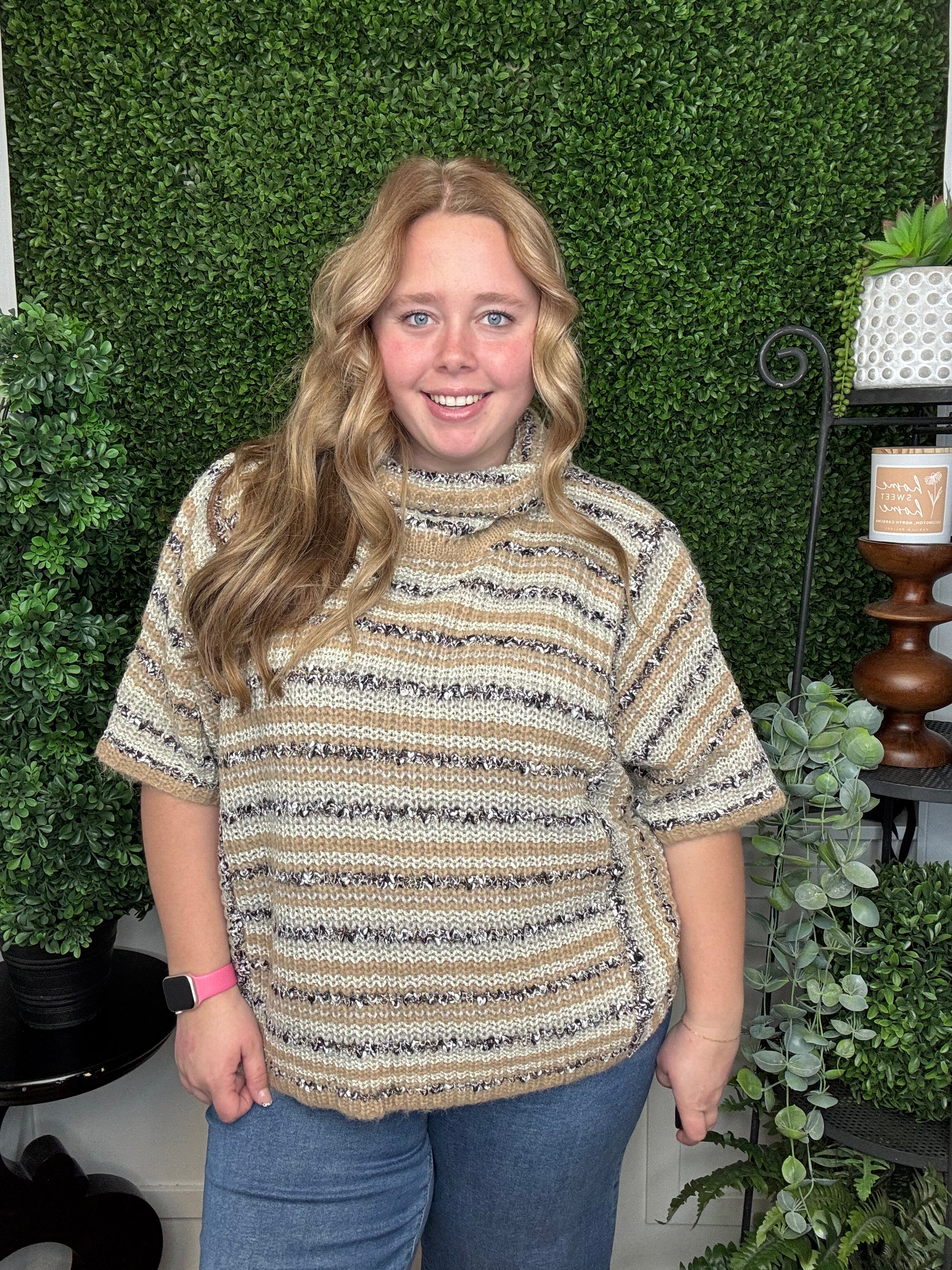 STRIPED BOUCLE SS TURTLENECK SWEATER - OATMEAL