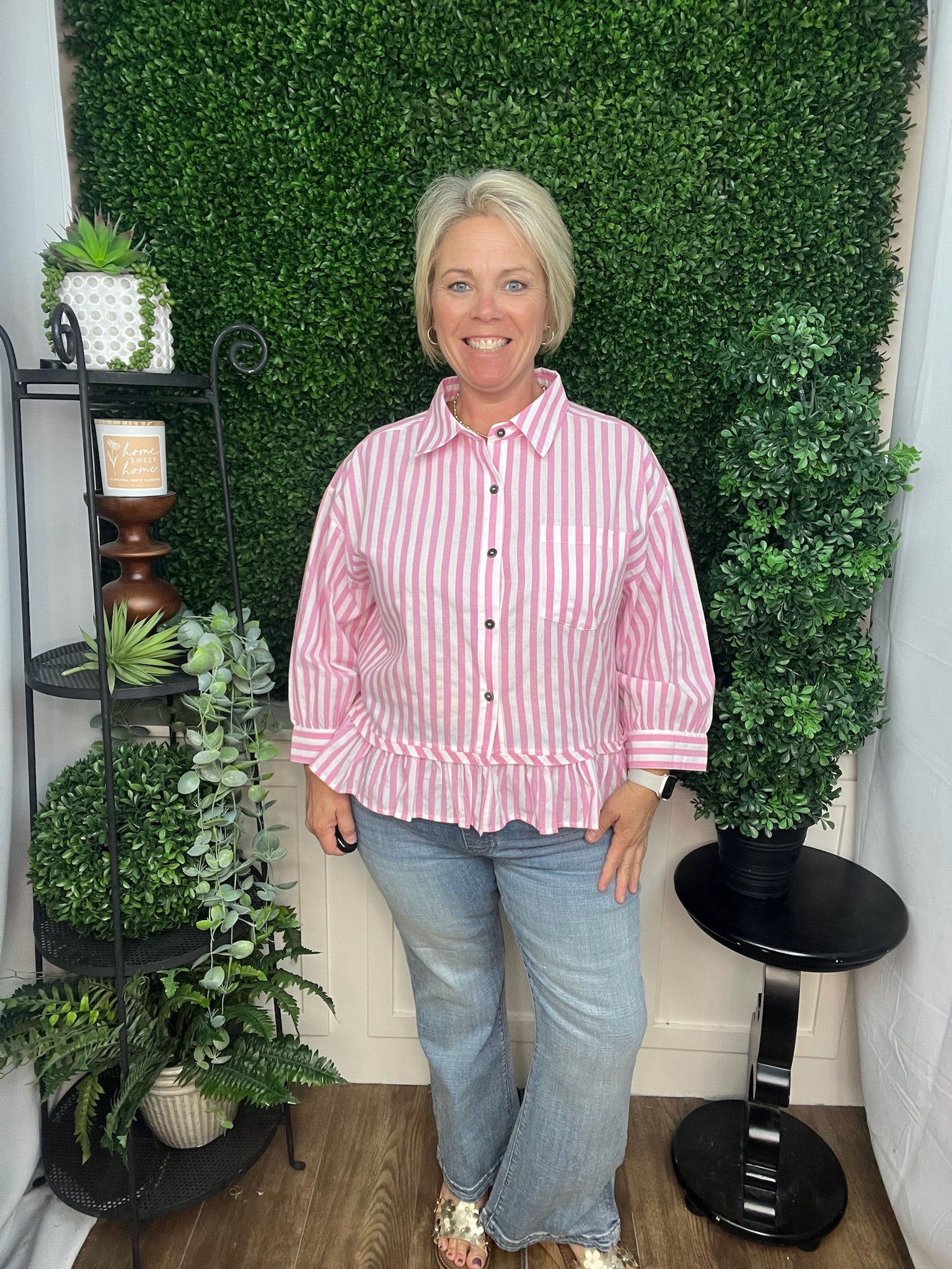 PINK STRIPE RUFFLE BOTTOM TOP