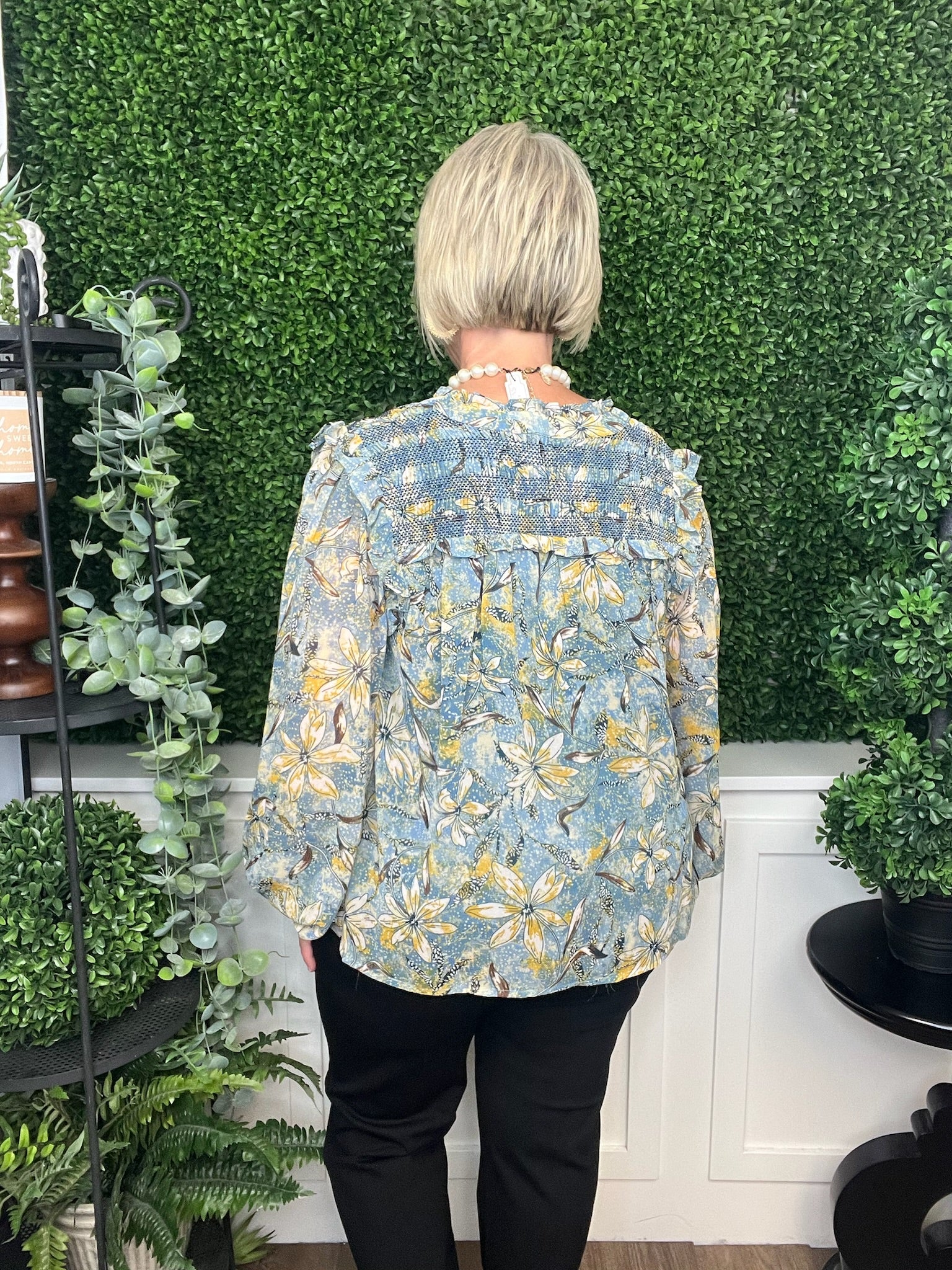 FLORAL PRINT SMOCKED TOP - INDIGO MULTI FLORAL