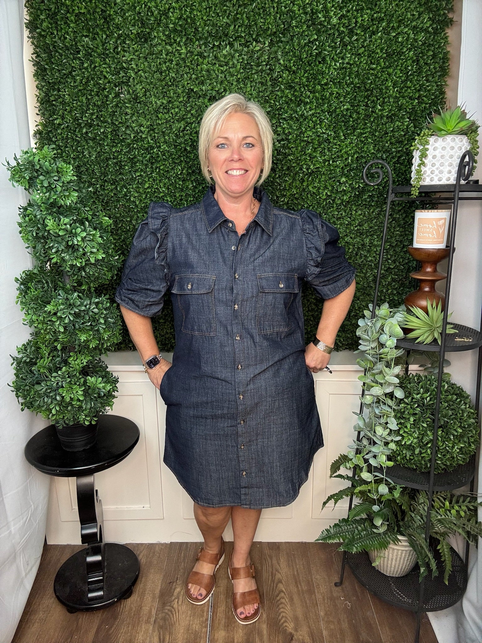 Dark Denim Ruffle Sleeve Button Down Dress