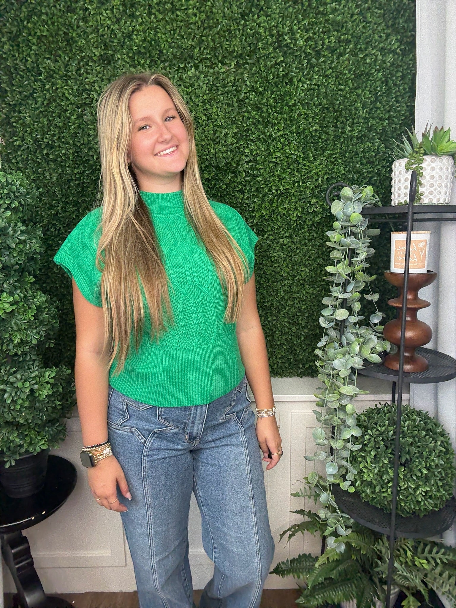 DIAMOND/CABLE KNIT CAP SLV SWEATER - KELLY GREEN