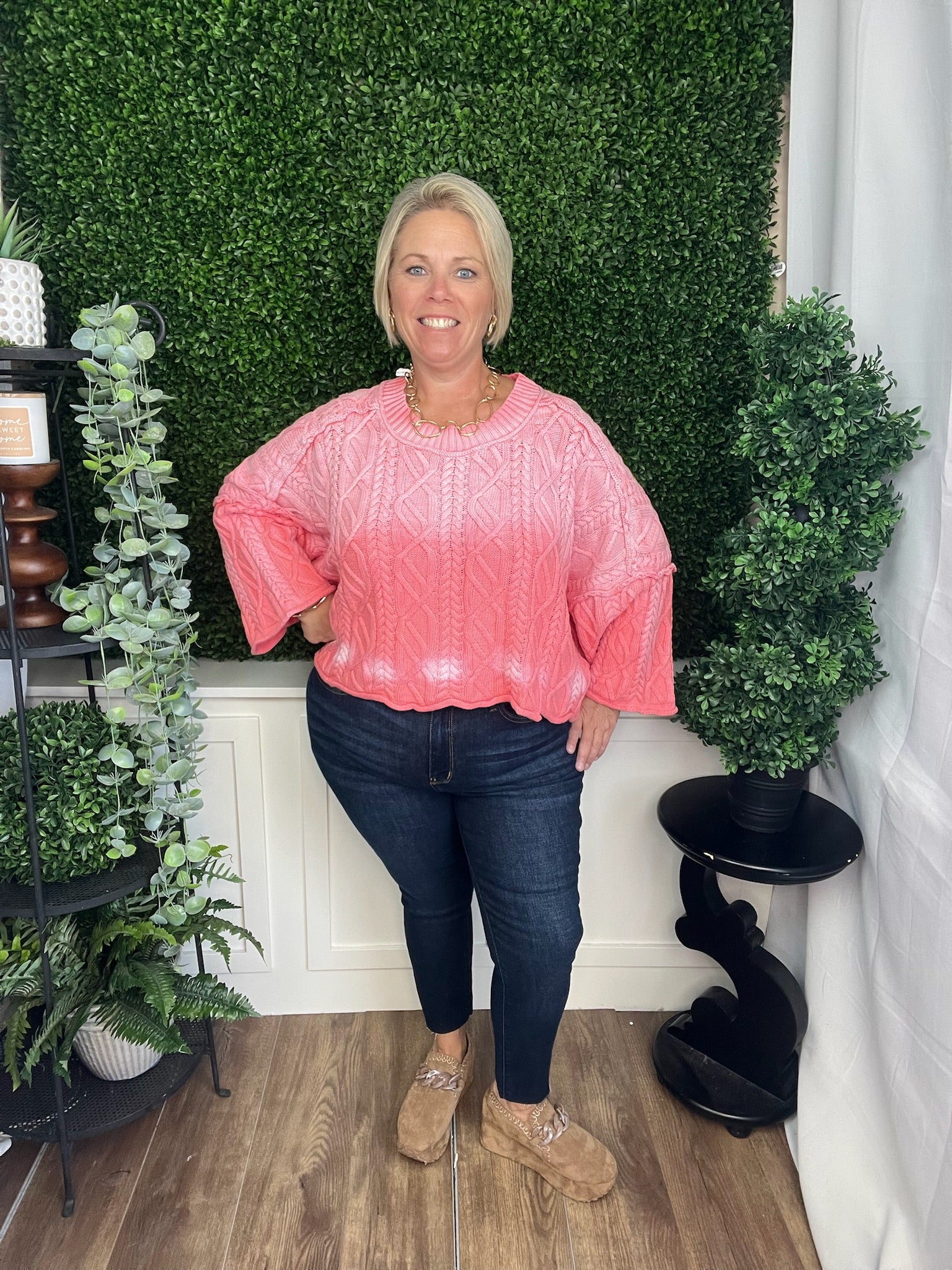 PINK SLOUCHY OVERSIZED CABLE KNIT SWEATER