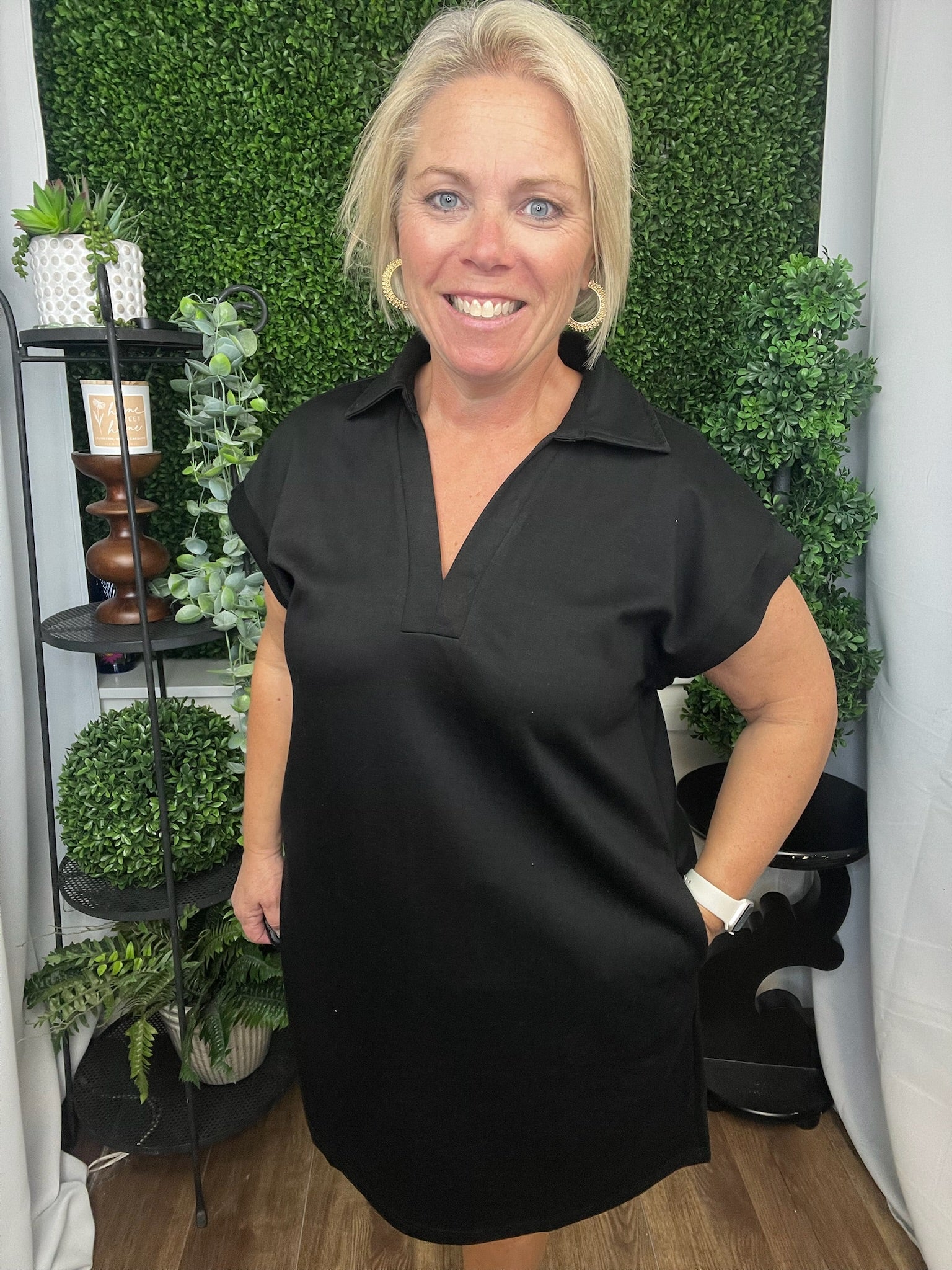 SOLID COLLARED POCKET DRESS - BLACK