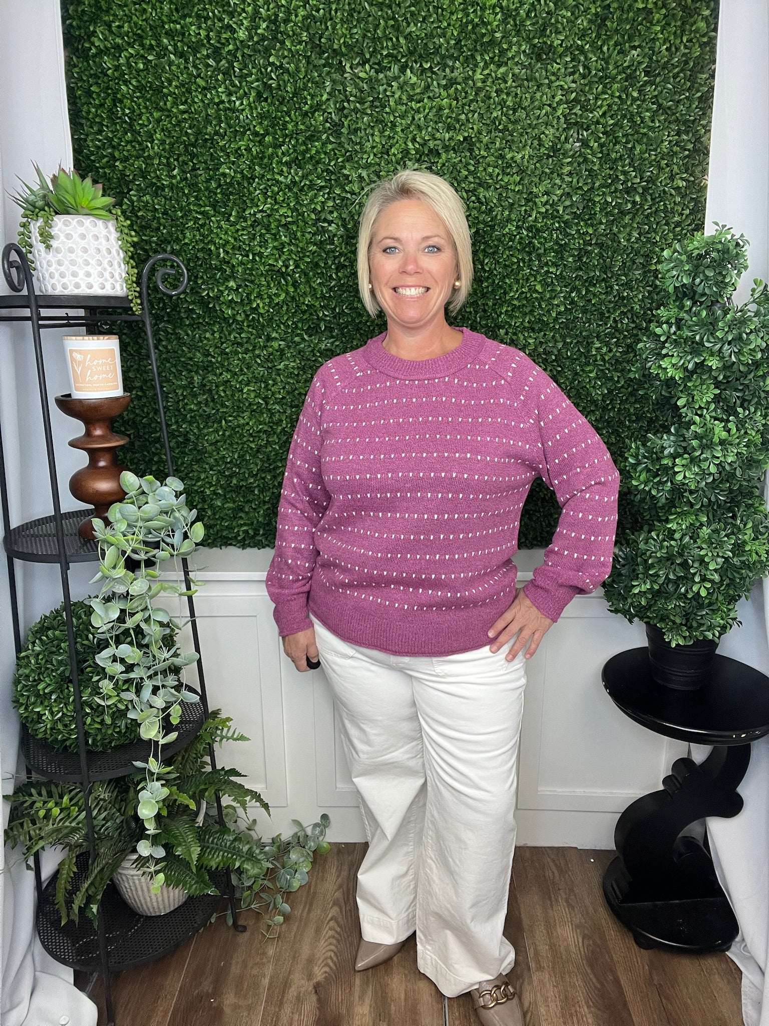 DOTTED STRIPED PULLOVER SWEATER - MAGENTA