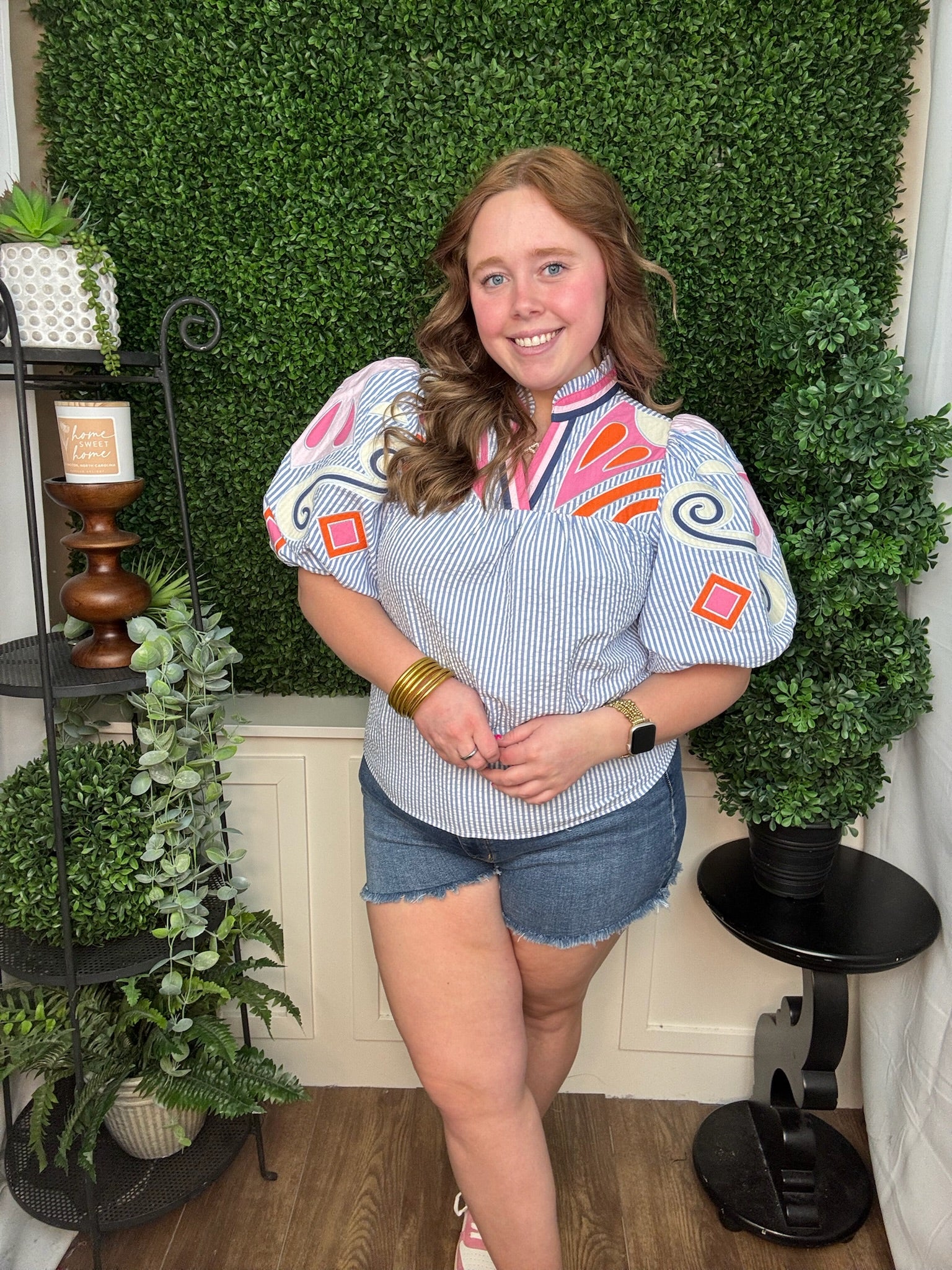 PUFF SLEEVE EMBROIDERY TEXTURED TOP - BLUE