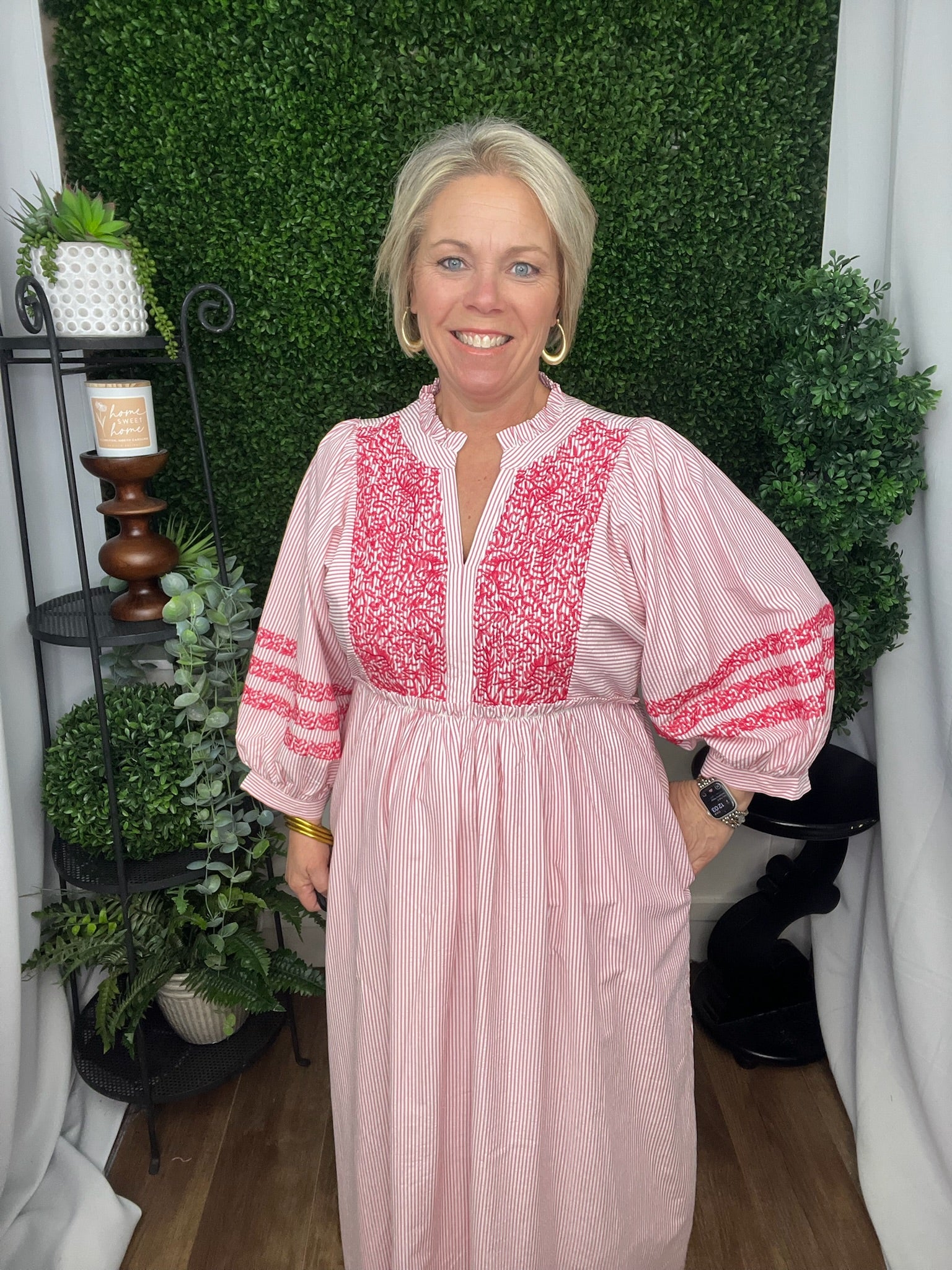 EMBROIDERED STRIPE MIDI DRESS - HOT PINK