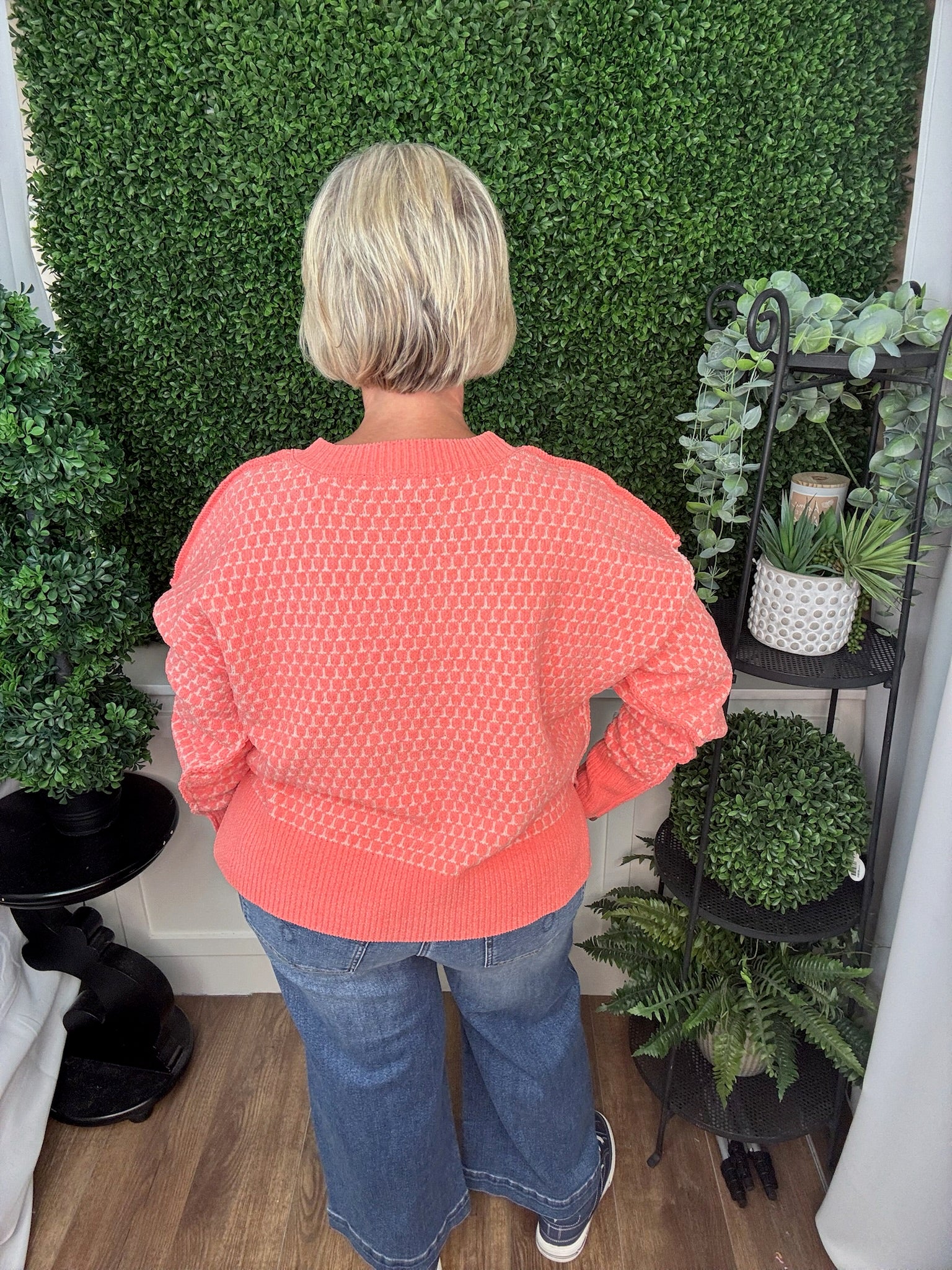 TEXTURED CREW NECK KNIT SWEATER - CORAL