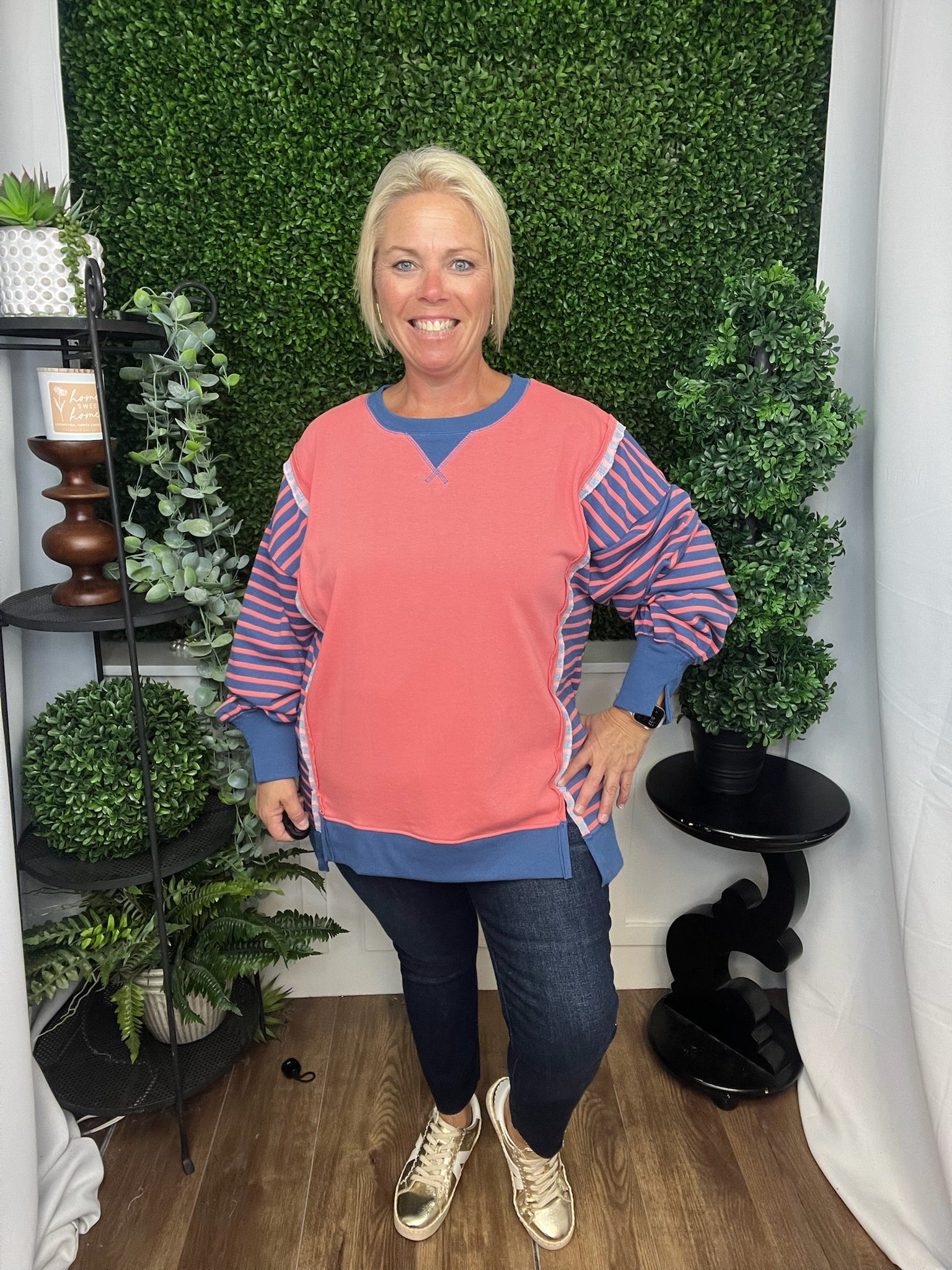 OVERSIZED WAFFLE KNIT CASUAL TOP - CORAL