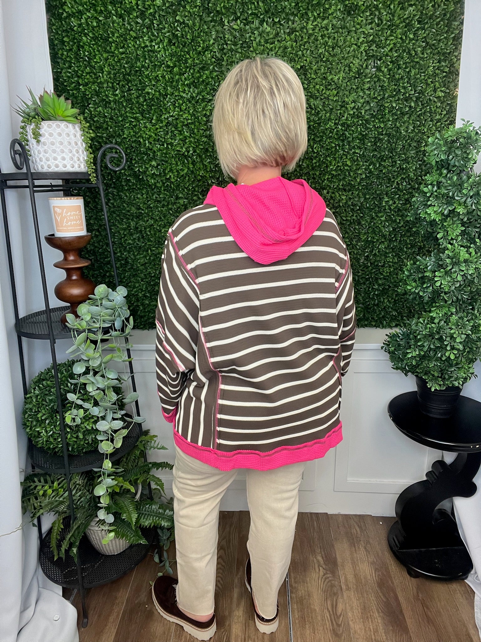 THERMAL STRIPE COLORBLOCK HOODIE - BROWN