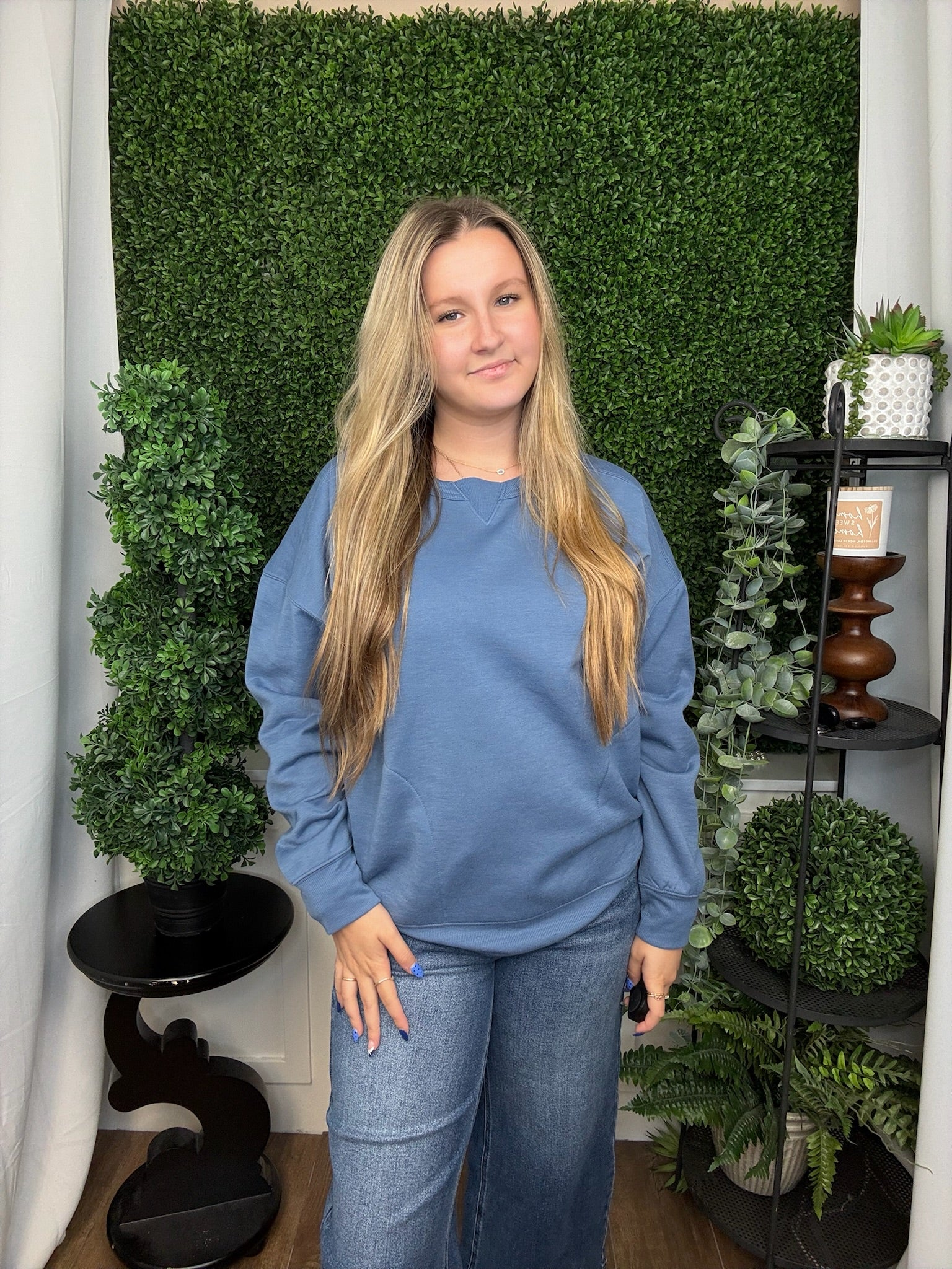 OVERSIZED CASUAL COMFY SOLID KNIT TOP - DENIM