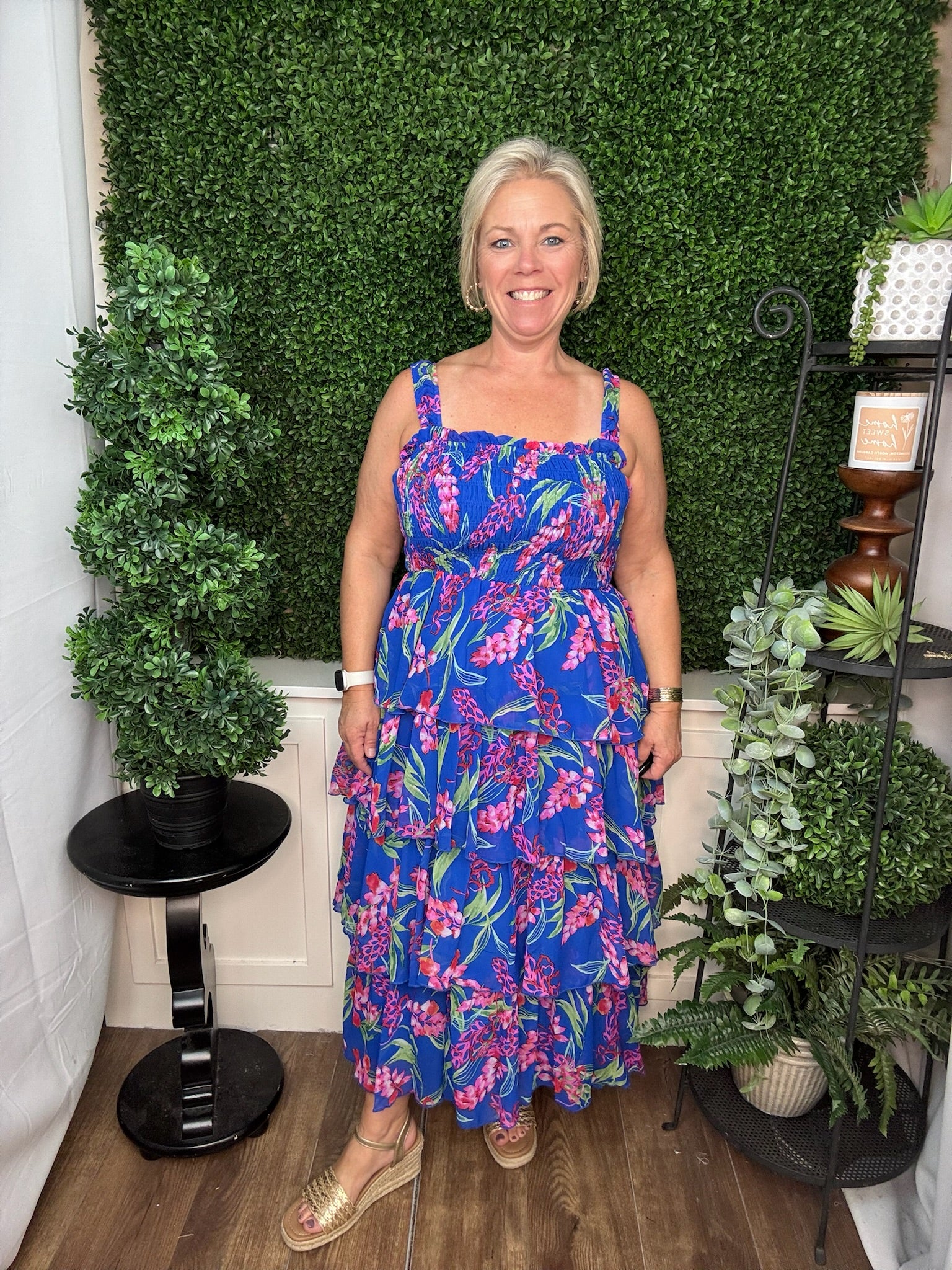 Tropical Bloom Smocked Tiered Midi Dress