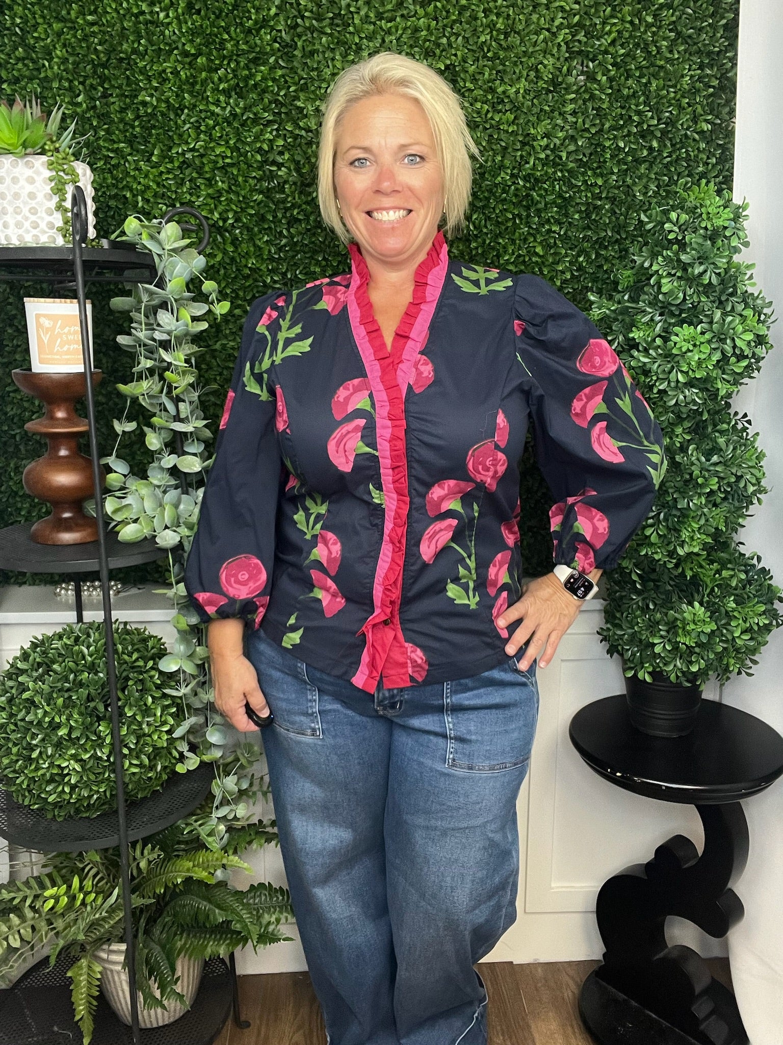 FLORAL PRINT RUFFLED NECK TOP WITH CONTRAST DETAIL