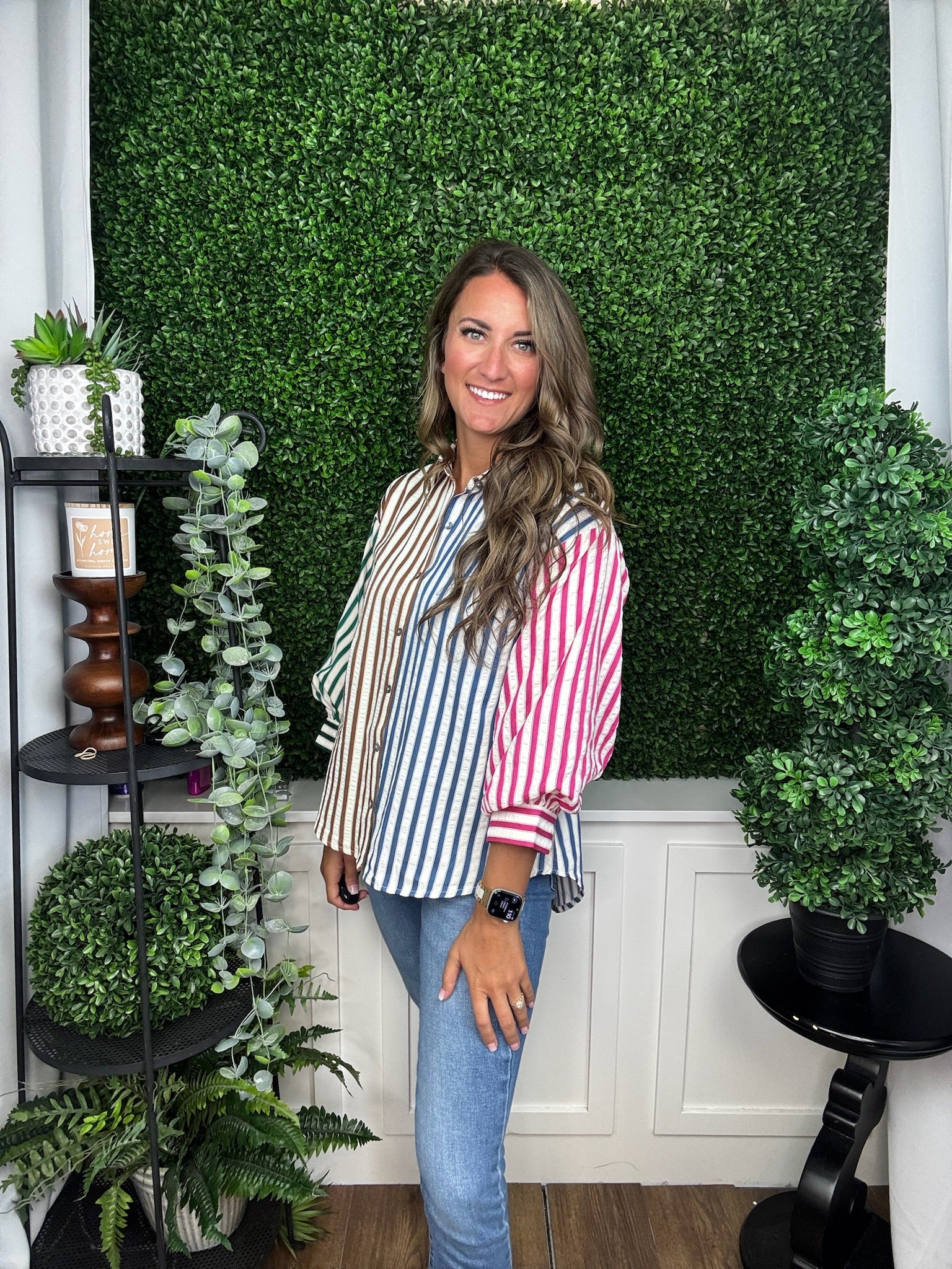 COLORBLOCK STRIPE PATTERN 3/4 SLEEVE BUTTON DOWN TOP - BROWN COMBO