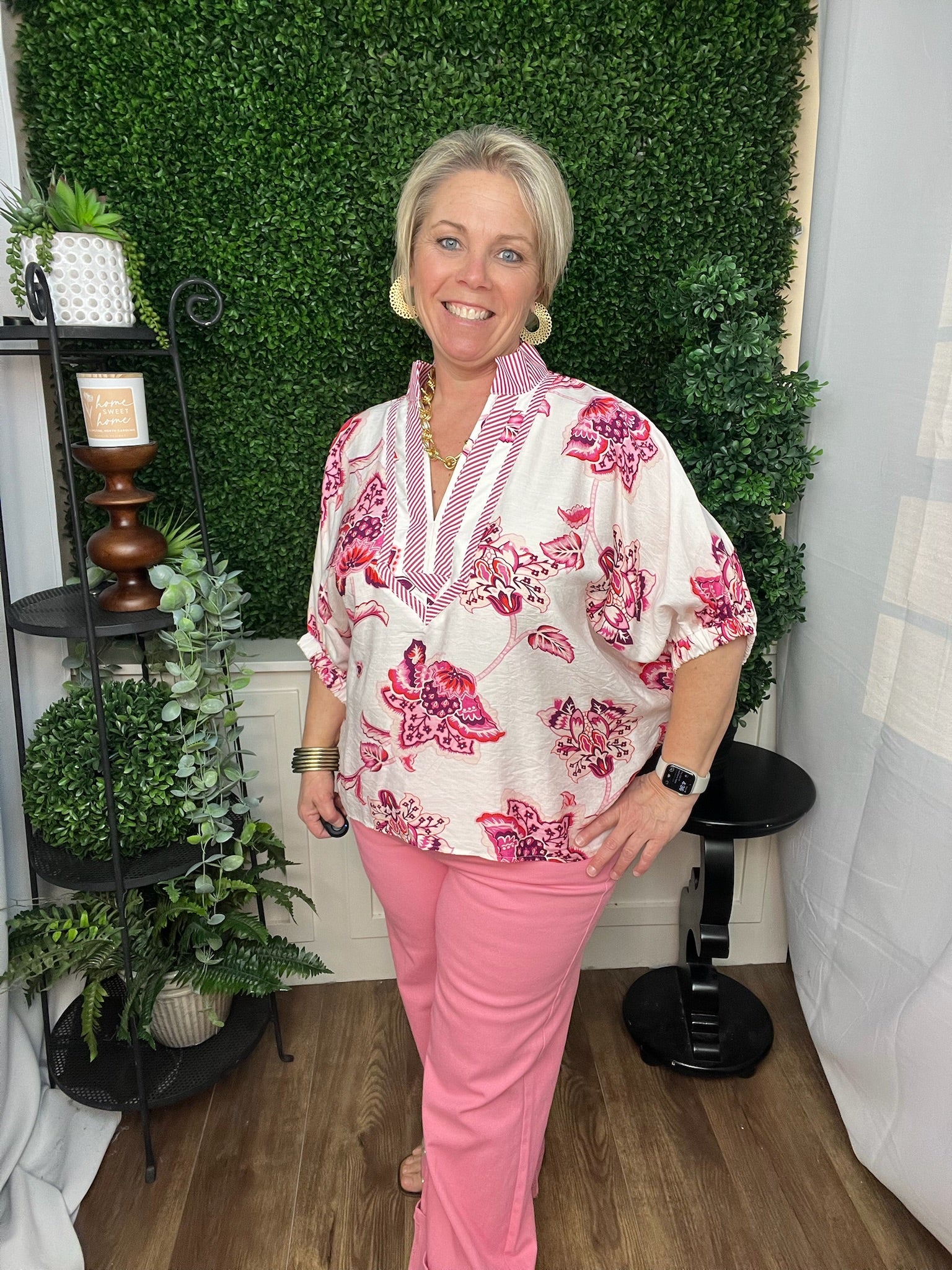 PINK FLORAL PUFF SLEEVE TOP