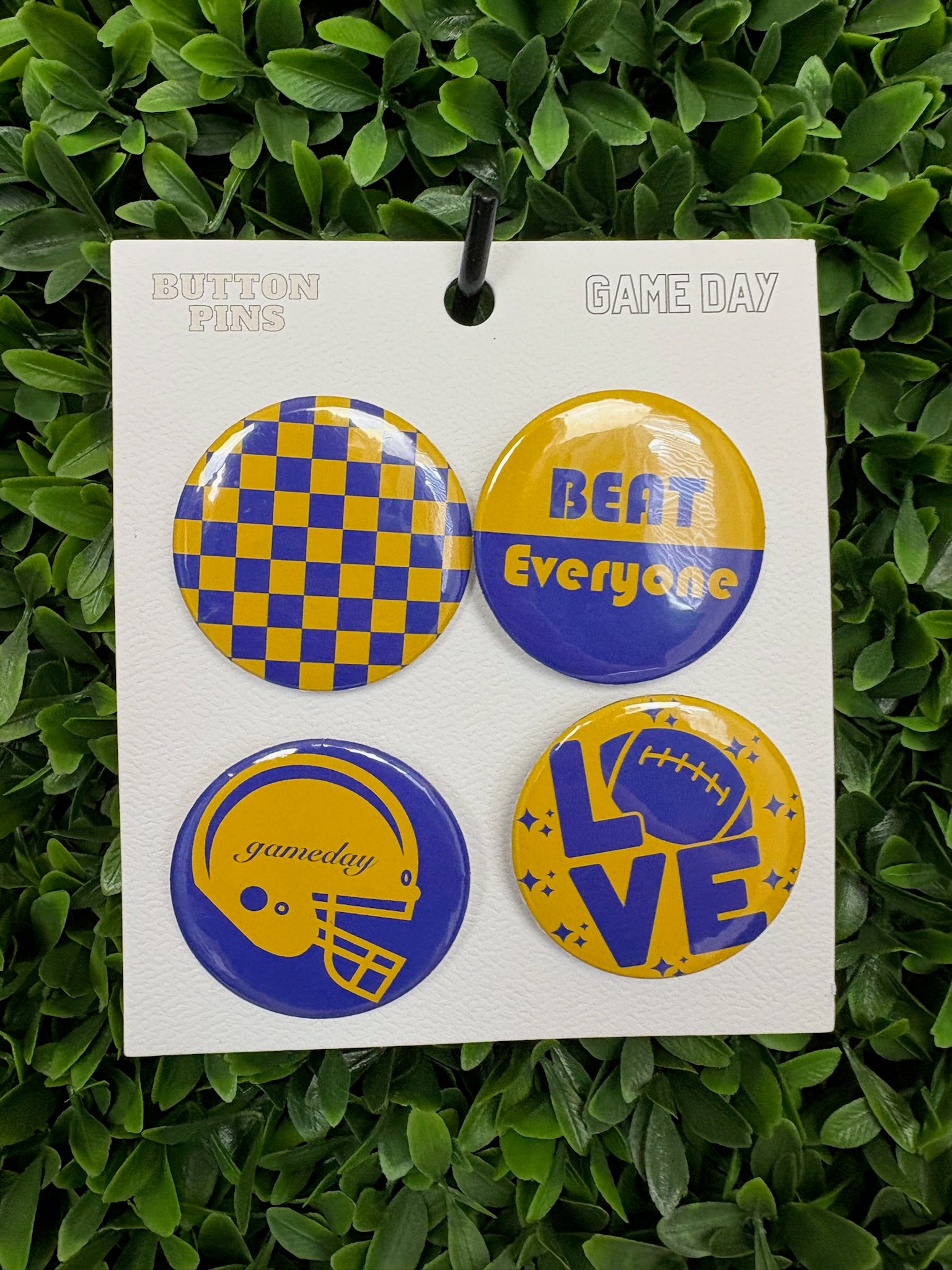 SET OF FOUR GAME DAY FOOTBALL BUTTONS - PURPLE/YELLOW