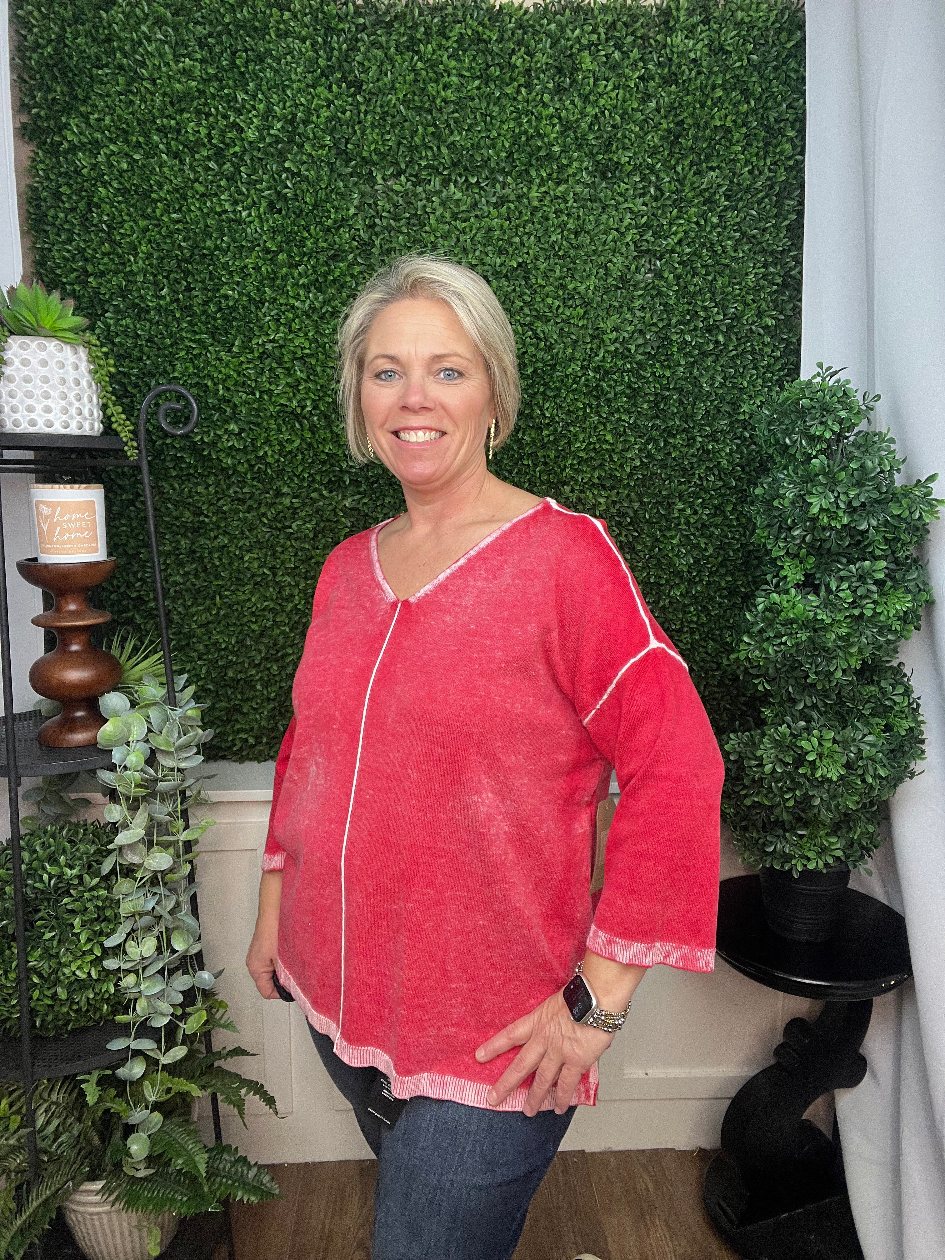 REVERSE PRINTED V-NECK SWEATER W/FRONT POCKET - WATERMELON