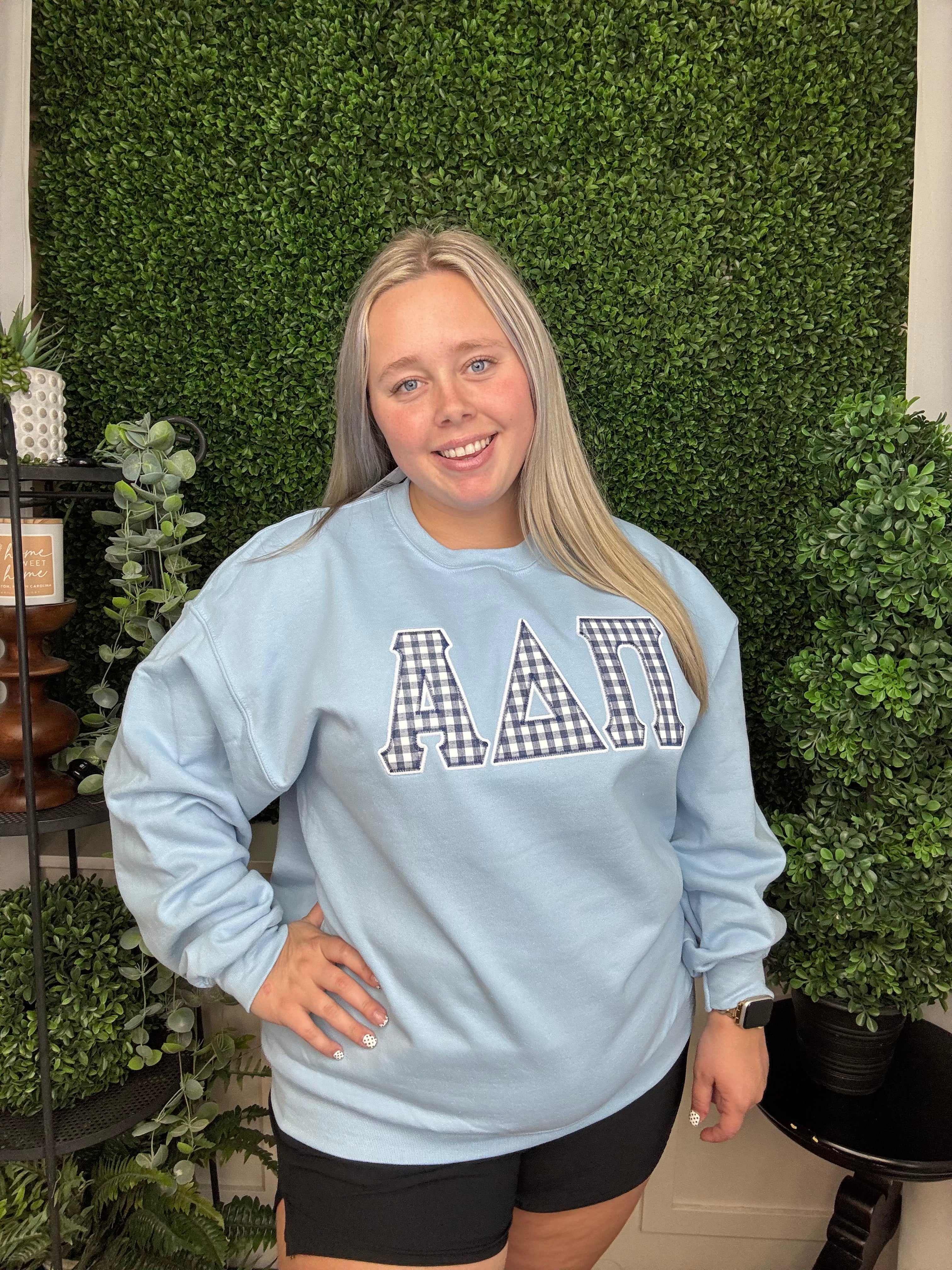 ALPHA DELTA PI GINGHAM CREWNECK - LIGHT BLUE
