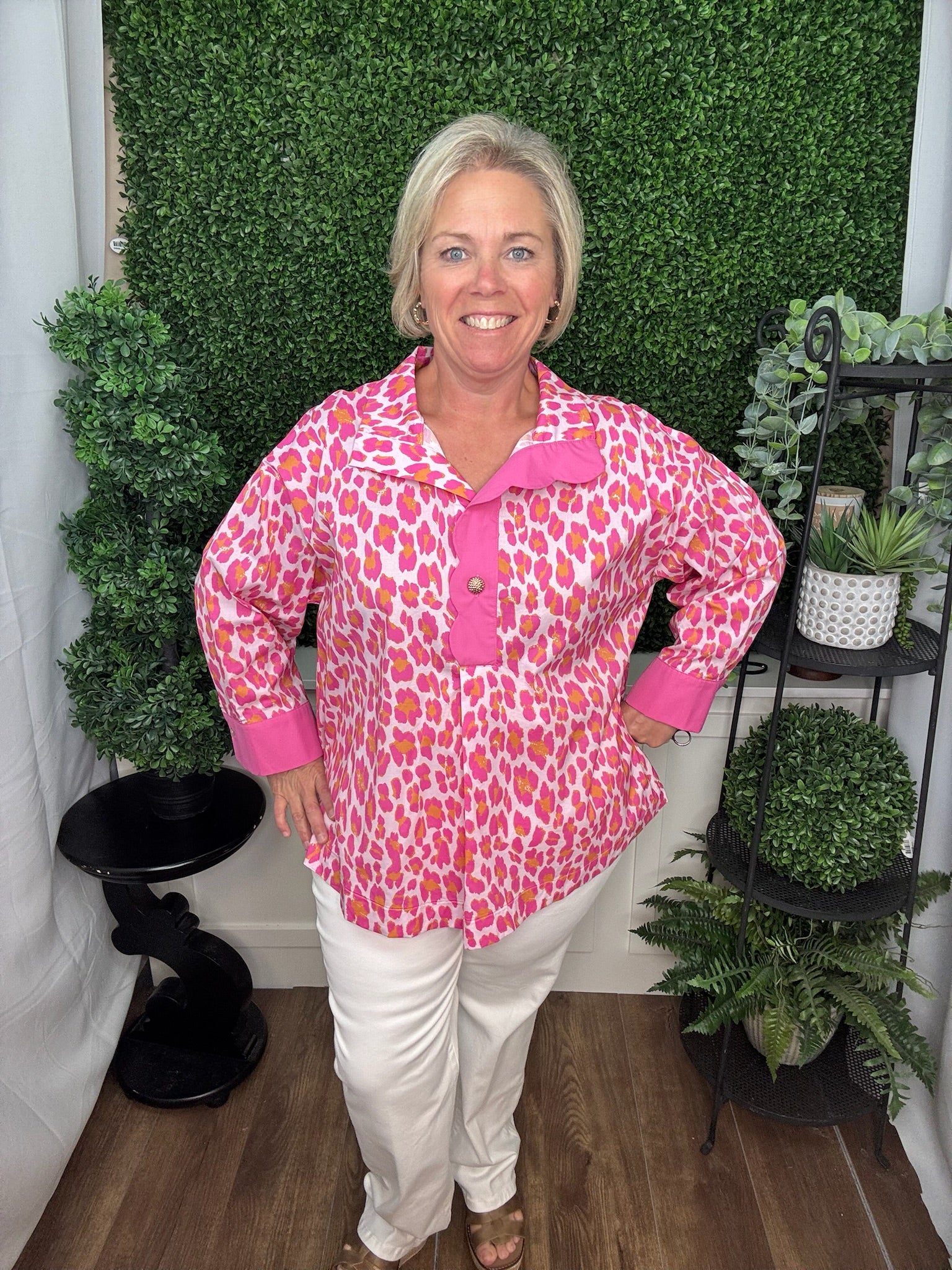 Pink Leopard Contrast Placket Blouse