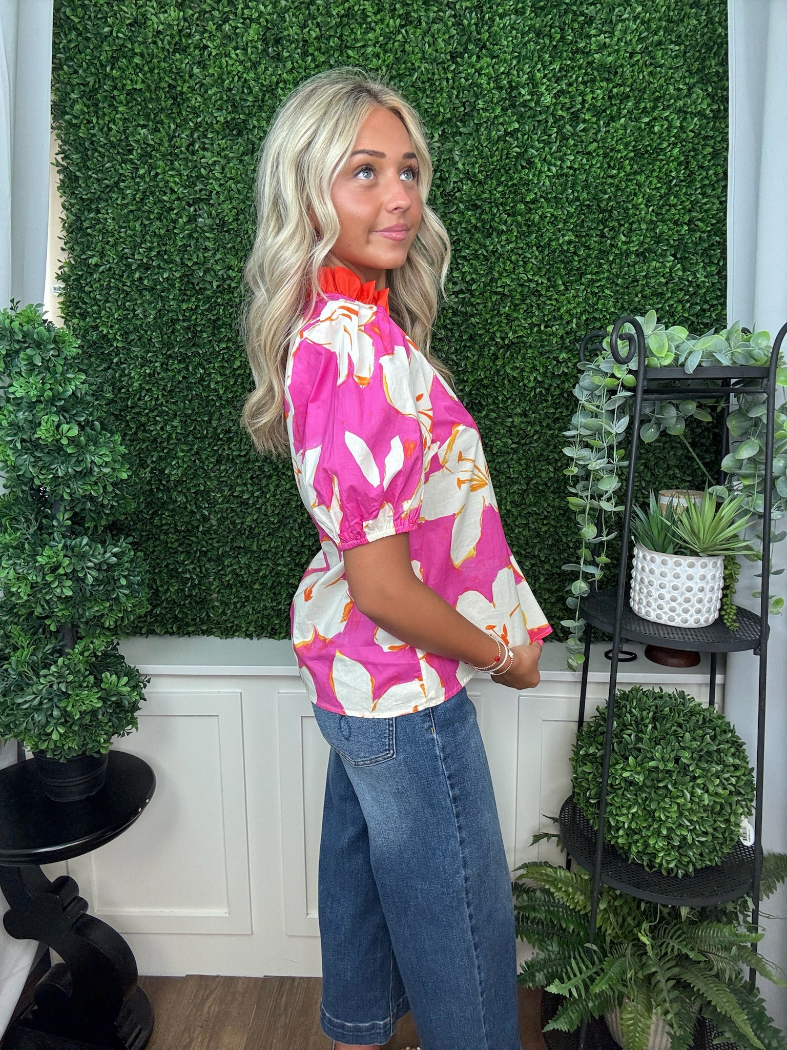 Sunset Bloom Ruffle Trim Blouse