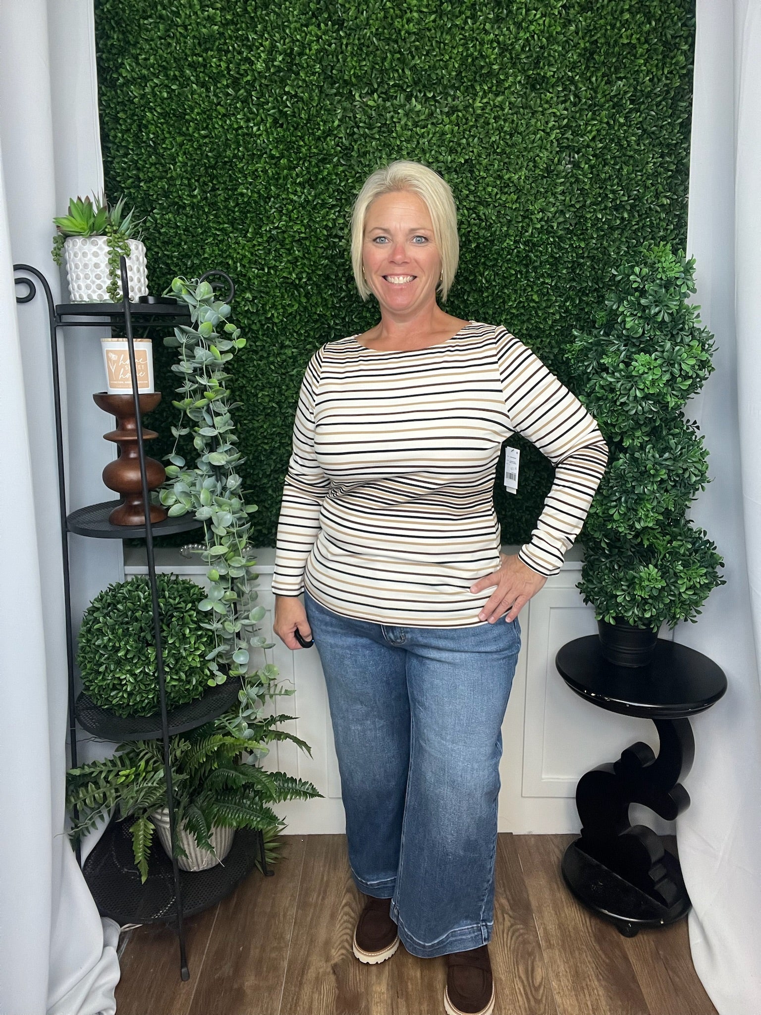 LONG SLEEVE BOAT NECK KNIT TOP ALABASTER MULTI STRIPE