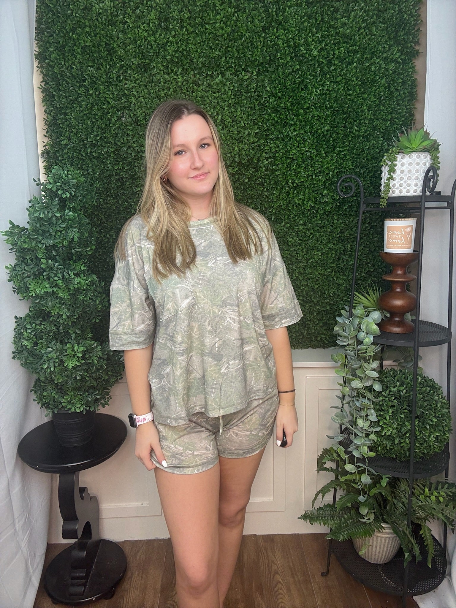 Olive Camo Print Pocket Shorts Set